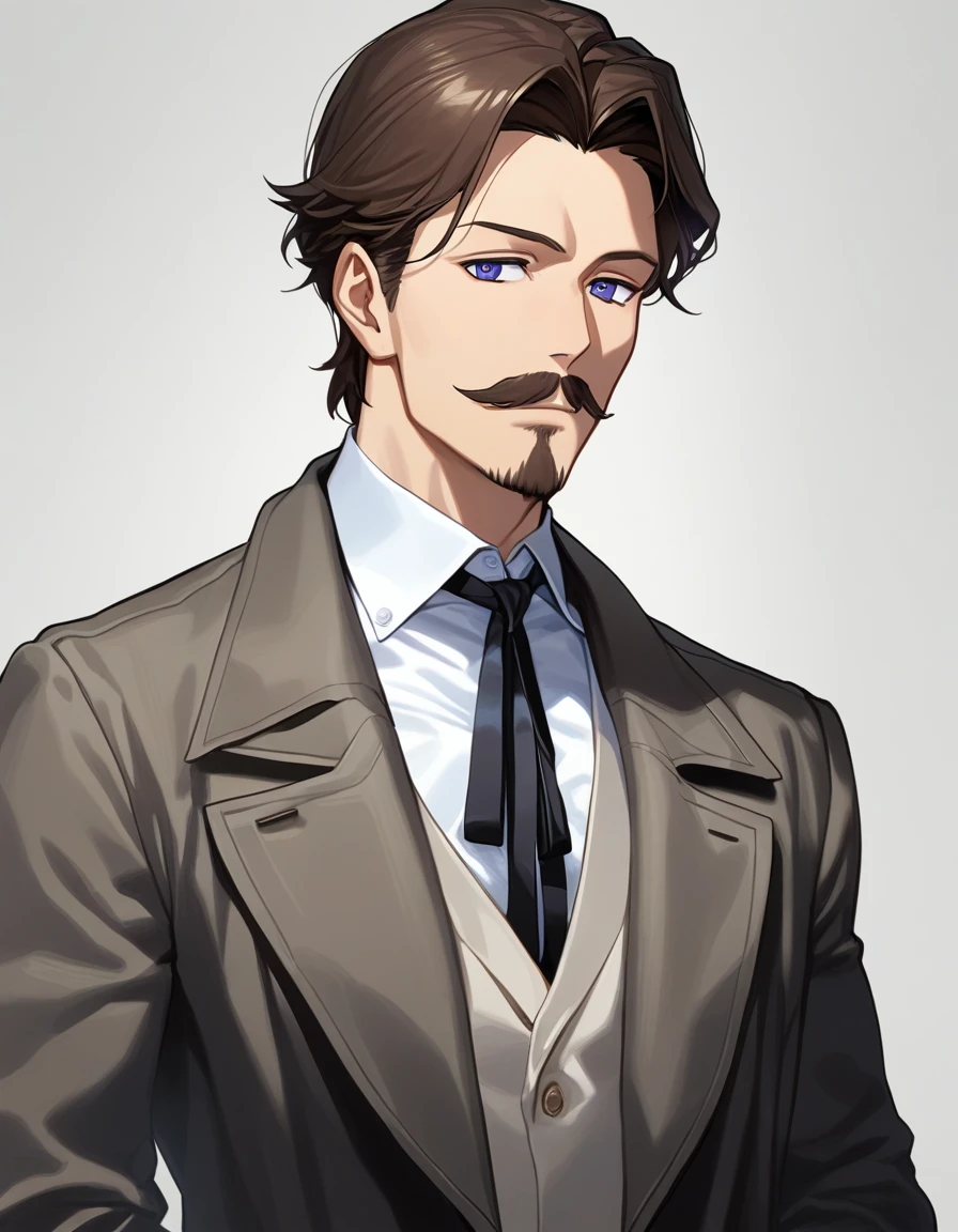 1man, mature male, parted bangs, medium-short hair, brown hair, muscular male celeb, short goatee, short mustache, indigo eyes, gentleman, elegant netori male, BREAK solo, white collared shirt, gray trench coat, black neck ribbon, in gentle sasaki style, visual novel, 2010s, extreme all detailed, masterpiece, best quality