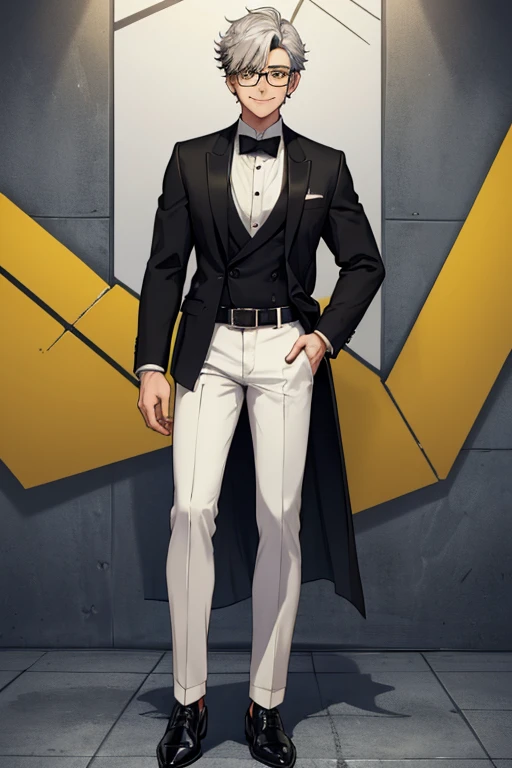 male, black short hair with silver highlights, yellow eyes, (((1boy))), (((black blazer))), (white dress shirt), (black pants), (black dress shoes), (glasses), (black belt), handsome, long legs, smiling, young