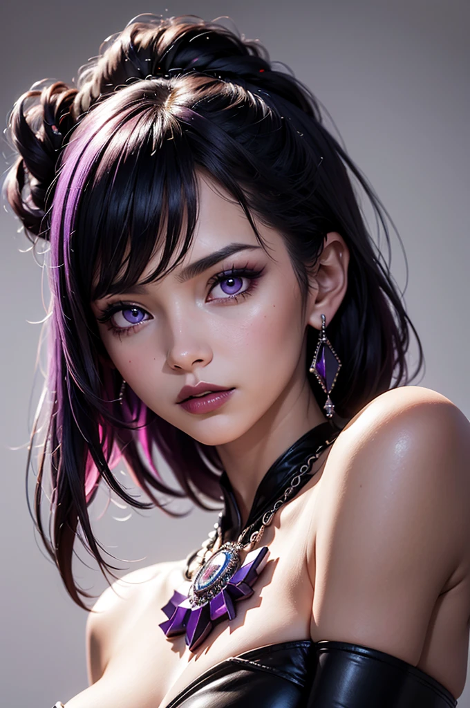 picture, ProFessional Full body, (detailed Face and eye:1.4), Purple eyes,Deep rifts, colorFul, color photography oF woman, (dark makeup), necklace, Earrings, (Dark lipstick), Split lips, sharp Focus, Focus on Face, Insanely sharp details, Very detailed, gigantic breasts in Frame, 4K HQ, 8k, depth oF Field, F/1.2, Leica, 8k HDR, High contrast, Highly retouched, Shadows, sad, Award-winning photography, The best photographers.