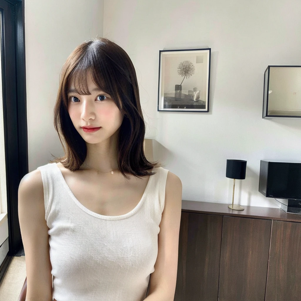 Beautiful Japanese Woman、In the living room of a stylish room、White tank top、Large bust