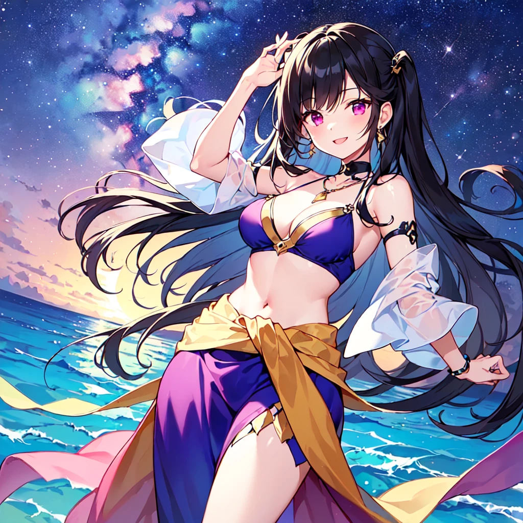 masterpiece, best quality, high quality, extremely detailed, very delicate and beautiful, (1 female 18 years old solo:1.5), (long black hair up to waist with two side up:1.5), bangs to eyebrows, eyes Eyebrows are glossy, (eye color: magenta:1.3), 6.5 head height, (Arabian gorgeous summer fashion:1.3), Arabian earrings, Arabian necklace, (smiling), (standing), (dynamic pose), (background Arabian Sea:1.3), (Milky Way Night Sky:1.3)