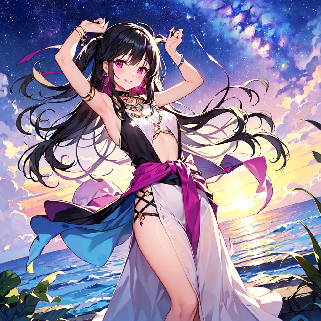 masterpiece, best quality, high quality, extremely detailed, very delicate and beautiful, (1 female 18 years old solo:1.5), (long black hair up to waist with two side up:1.5), bangs to eyebrows, eyes Eyebrows are glossy, (eye color: magenta:1.3), 6.5 head height, (Arabian gorgeous summer fashion:1.3), Arabian earrings, Arabian necklace, (smiling), (standing), (dynamic pose), (background Arabian Sea:1.3), (Milky Way Night Sky:1.3)