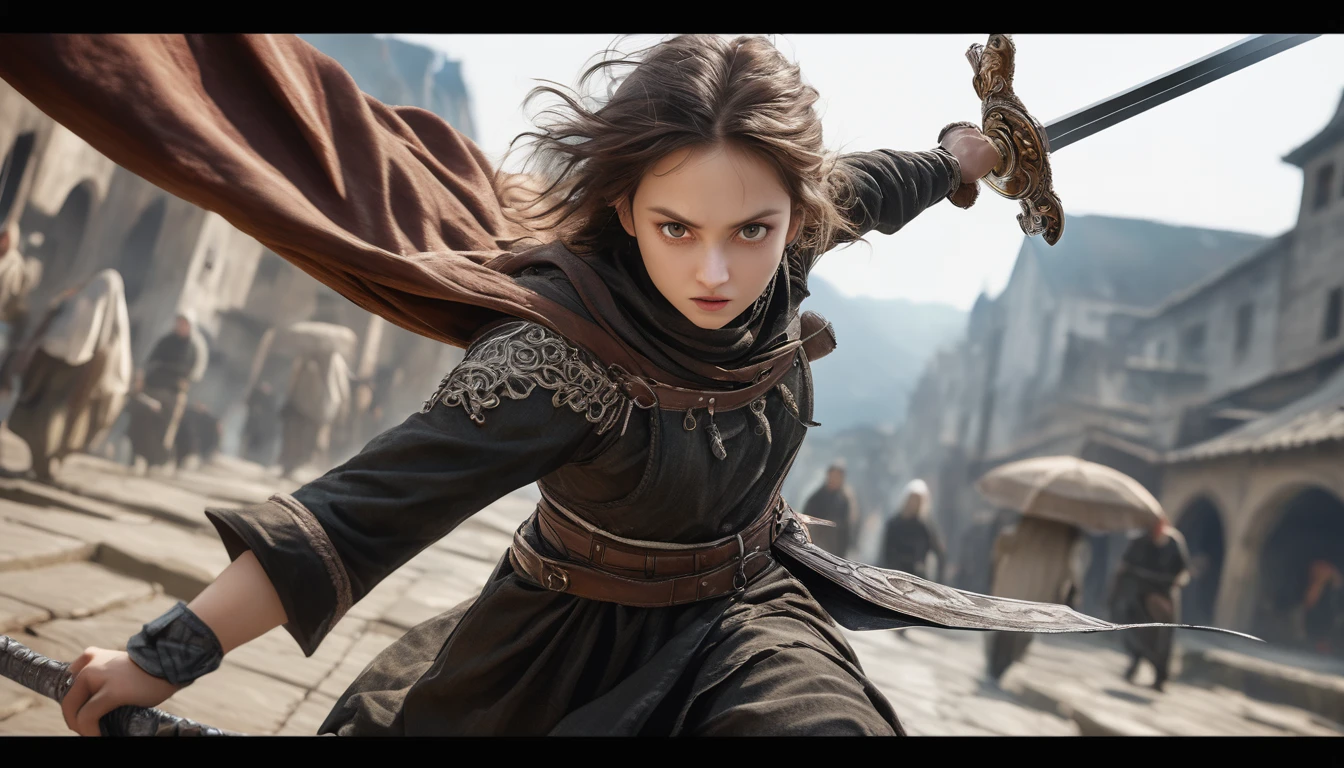 Realistic photos, RAW Photos, sword saint, attacks viewer, Powerful movements, jump on prey, ((Dynamic jump)),, sword saint approaching from above, sudden approach, Bad-tempered, dynamic Shot from grand,,High resolution, masterpiece, Highest quality, Intricate details, Very detailed, Clear focus,texture, Delicate eyes, Professional, 4K,Shallow and deep, Kodak Vision Color, Exactly, Very detailed, photograph_\(Extremist\), photographpractical, practical, Post-processing, Maximum details, Roughness, Real Life, Extremist practical, Photorealism, photographgraphy, 8K Ultra HD, photographgraphy