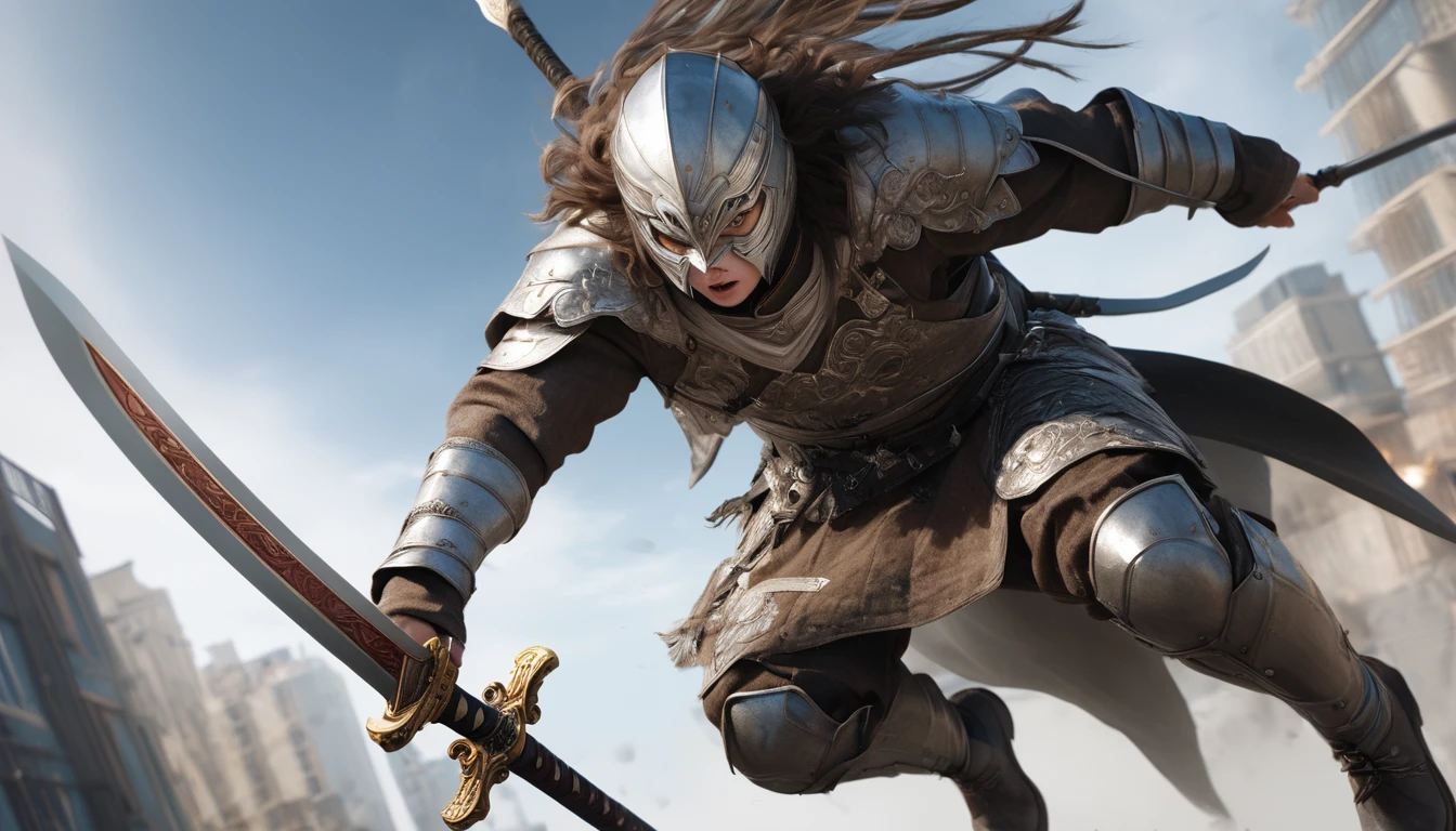 Realistic photos, RAW Photos, sword saint, attacks viewer, Powerful movements, jump on prey, ((Dynamic jump)),, sword saint approaching from above, sudden approach, Bad-tempered, dynamic Shot from grand,,High resolution, masterpiece, Highest quality, Intricate details, Very detailed, Clear focus,texture, Delicate eyes, Professional, 4K,Shallow and deep, Kodak Vision Color, Exactly, Very detailed, photograph_\(Extremist\), photographpractical, practical, Post-processing, Maximum details, Roughness, Real Life, Extremist practical, Photorealism, photographgraphy, 8K Ultra HD, photographgraphy