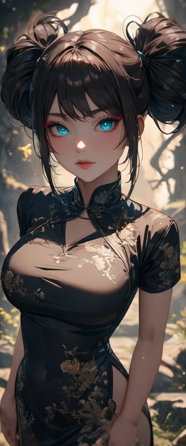 Photo of a woman with natural skin, Upper Body, Seaside cave, The light is shining in, High Twintails, Black hair with red mesh, Sharp eyes with red eyeshadow, Blue-green eyes, Shining eyes, A thin, upturned nose, Well-shaped lips, Big Breasts, ((China dress, Short sleeve)), barefoot, Makeup, Exquisitely crafted with the utmost attention to detail, Vibrant, amazing, Smooth, Cinematic, 4K, Backlight, (()), Shallow depth of field, ((Detailed eyes:1.3, Detailed lips:1.3, high quality, )), masterpiece, Super detailed images, High quality