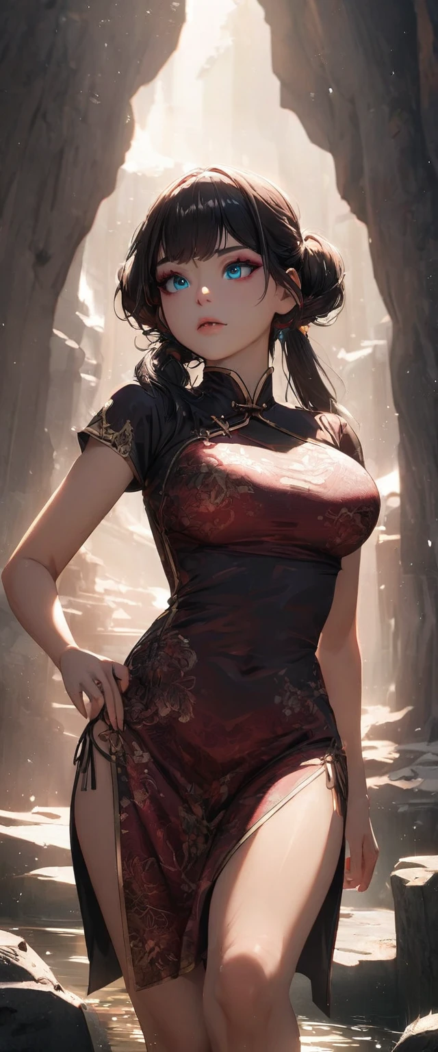 Photo of a woman with natural skin, Upper Body, Seaside cave, The light is shining in, High Twintails, Black hair with red mesh, Sharp eyes with red eyeshadow, Blue-green eyes, Shining eyes, A thin, upturned nose, Well-shaped lips, Big Breasts, ((China dress, Short sleeve)), barefoot, Makeup, Exquisitely crafted with the utmost attention to detail, Vibrant, amazing, Smooth, Cinematic, 4K, Backlight, (()), Shallow depth of field, ((Detailed eyes:1.3, Detailed lips:1.3, high quality, )), masterpiece, Super detailed images, High quality