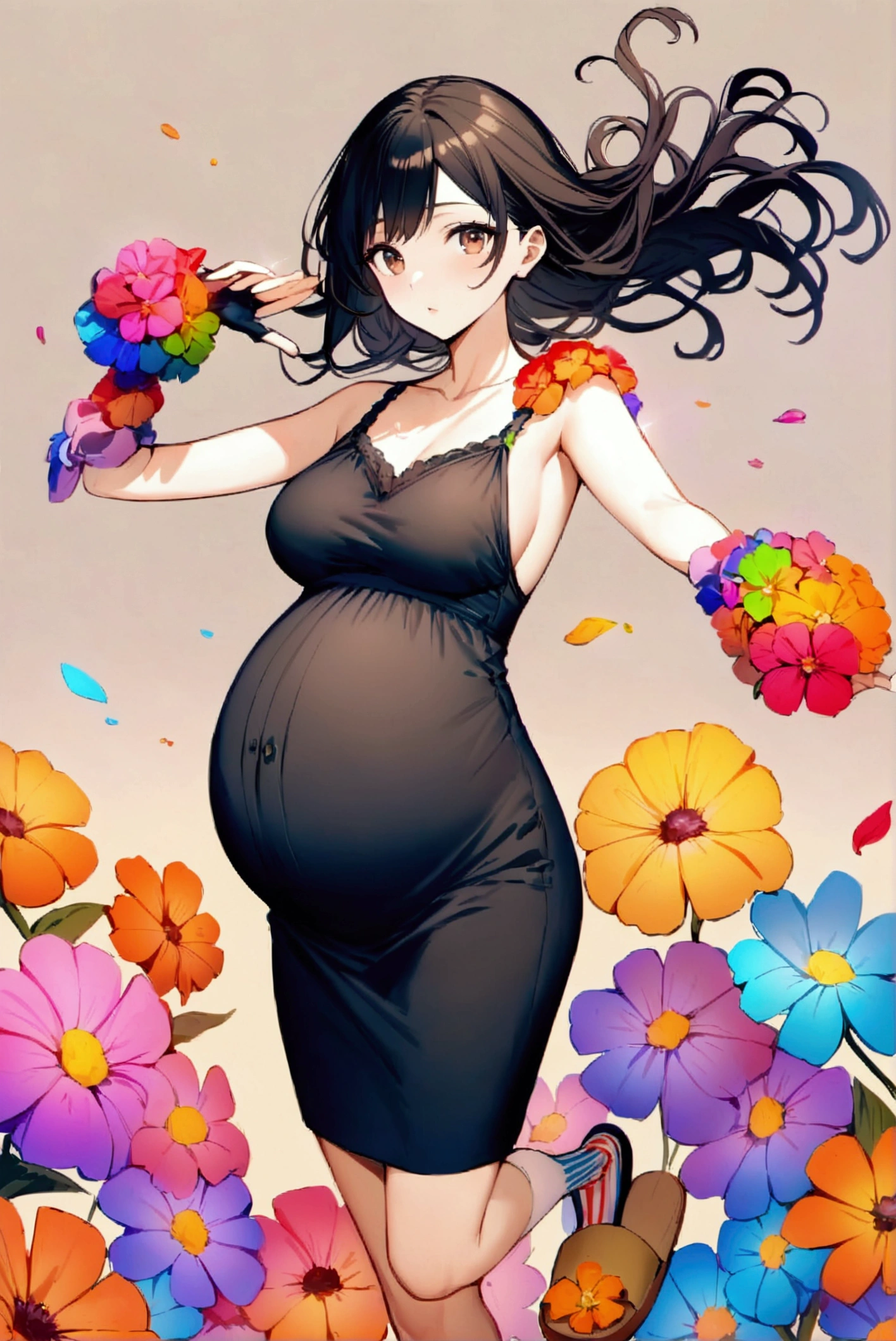 (Masterpiece), (Best Quality), (Super Detail), (disheveled Hair), (Illustration), (One Girl), (Fashionable Clothes), Standing, Fashion Model, Beholder, (Interview), (Simple Background), Finely Beautiful Eyes,Beautiful Face, Floating, (High Saturation), (Colorful Splash), (Shine), Floating Flowers, Floating Hairs, (Shining), Best Lighting, woman, long black hair and brown eyes,sock adorned with painted flowers that covers her entire leg,pair of wooden slippers, gloves featuring painted flowers that extend to her forearms, and a pompom on her shoulder,low-cut sweater is shaped like a flower, wearing a swimsuit." 1 month pregnant