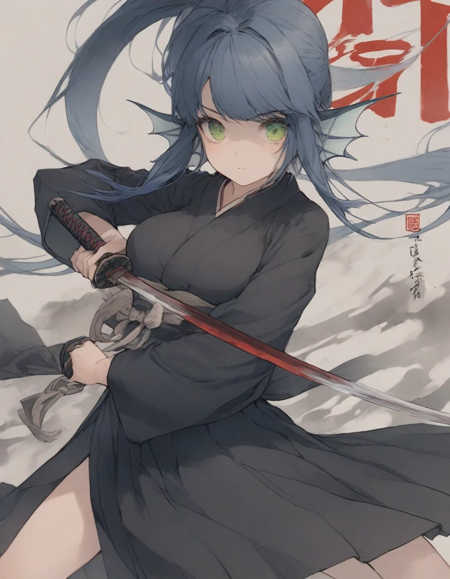 1girl, solo, demon Slayer kimono , bangs,happy,posing, multicolored hair, (masterpiece:1.2), highres, best quality, 8k, forest snowing background, holding katana, crow, water pattern kimono, katana