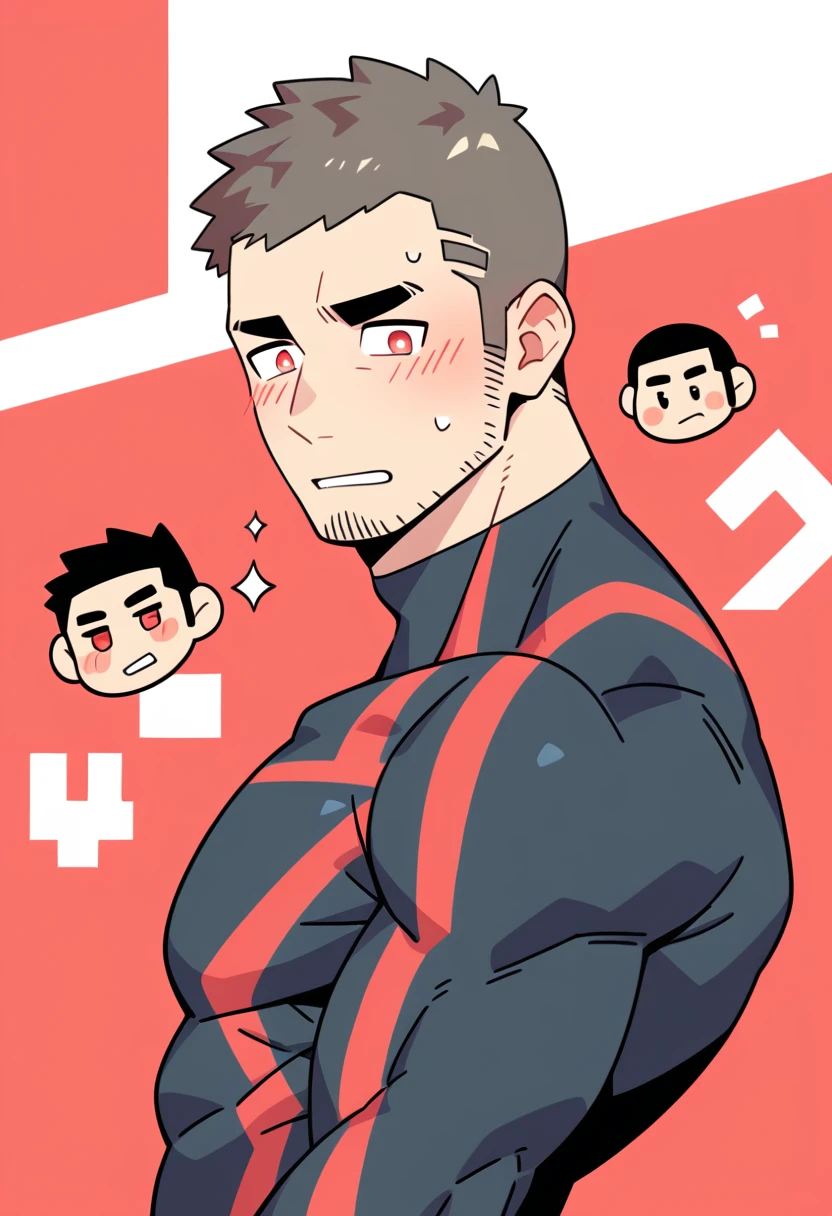anime characters:Gyee Priapus, Muscle Sports Student, Buzz Cut, Manliness, male focus, Compression bodysuit, Red black high collar long sleeve tight diving suit, Very tight, Regular symmetrical pattern, full and perky chest muscles, muscular male, muscular, only, Upper body, alone, Red short hair, Thick eyebrows, stubble, Brown-red pupils, White background, simple background, amazing quality, best aesthetics, Ridiculous, crew cut, parted lips, flustered, endured face, shy, blush, negative space, negative space, best quality