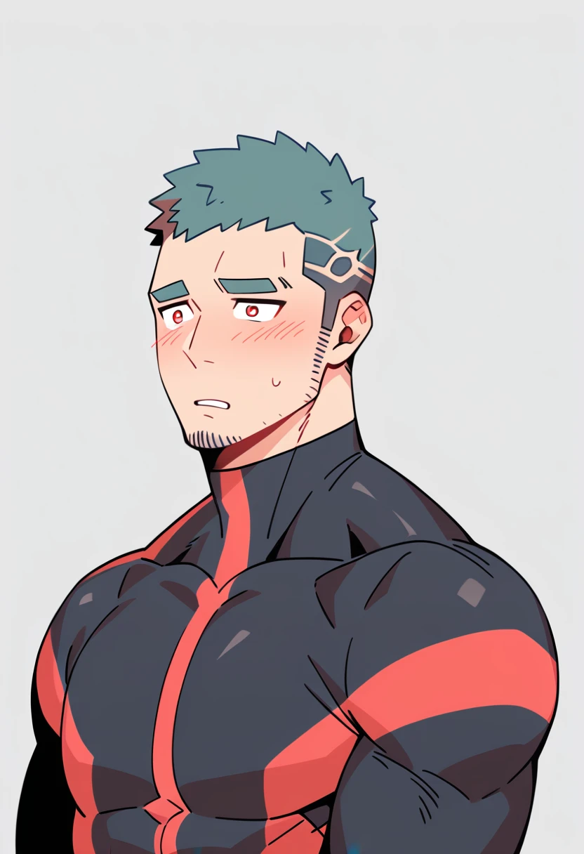 anime characters:Gyee Priapus, Muscle Sports Student, Buzz Cut, Manliness, male focus, Compression bodysuit, Red black high collar long sleeve tight diving suit, Very tight, Regular symmetrical pattern, full and perky chest muscles, muscular male, muscular, only, Upper body, alone, Red short hair, Thick eyebrows, stubble, Brown-red pupils, White background, simple background, amazing quality, best aesthetics, Ridiculous, crew cut, parted lips, flustered, endured face, shy, blush, negative space, negative space, best quality