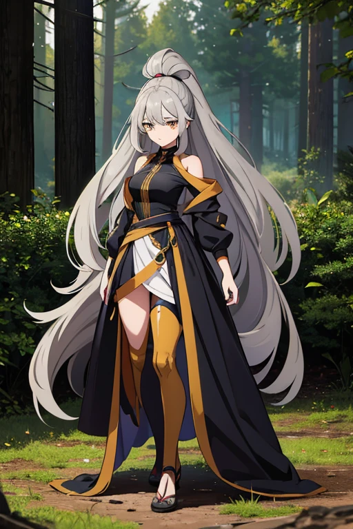 Portraiture, Long Hair, Gray Hair, Golden Eyes, One girl, head, face, Pokémon-like, Absurd, masterpiece, Highest quality, forest, Long Hair, Devastation, Remains, Dynamic pose, Style-Glass, Full Body Shot