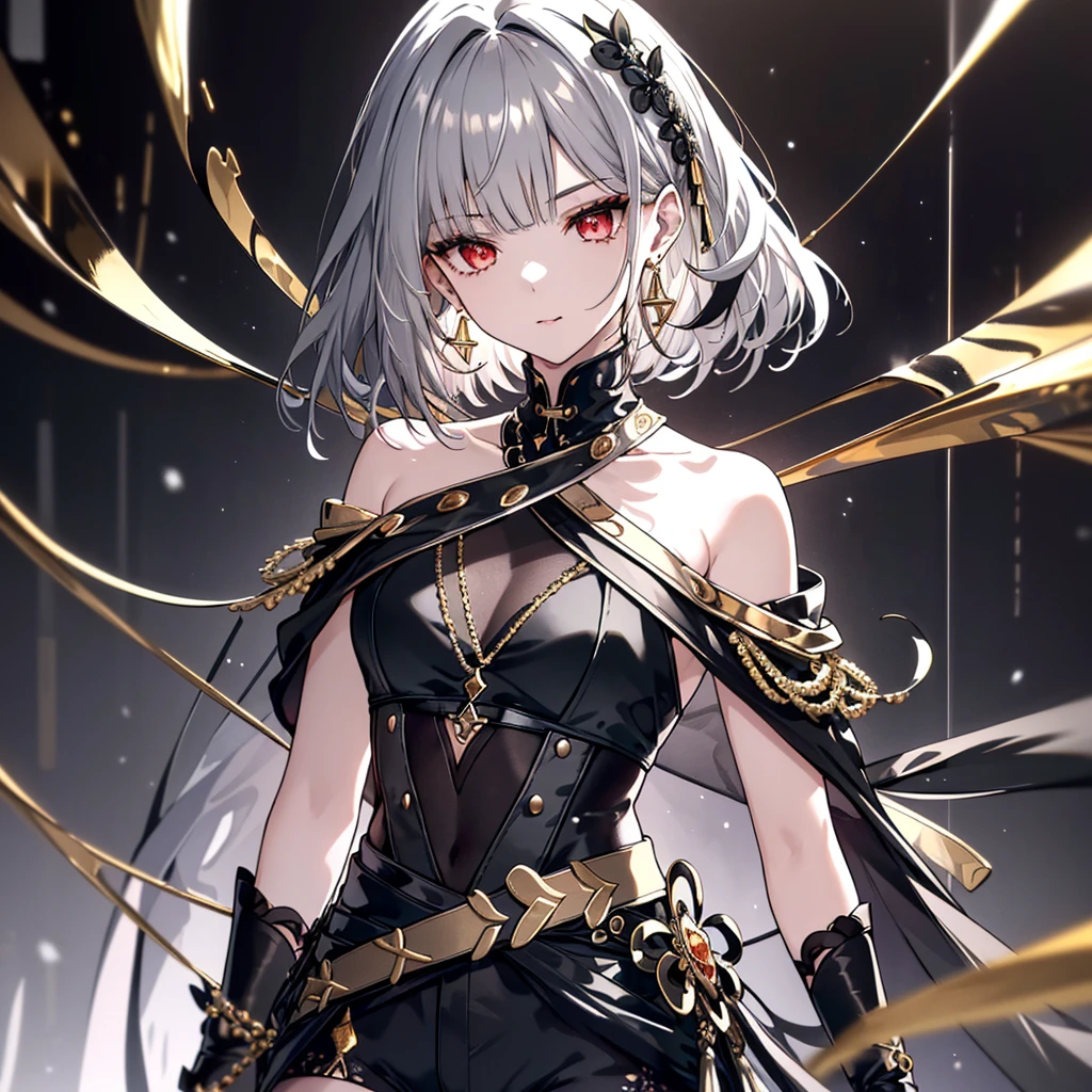 8k,High resolution RAW color art,Anime Art,Silver Marble Skin, (((Very detailed and cool))), Detailed skin, Blur、texture,(Exquisitely crafted, The finer details, Ultra-detailed art), (((1 girl))), Depth of written boundary, Silky Touch, Hyper Detail, (((Cool face))), eye shadow、Armed women, Beautiful detailed red eyes, Beautiful lip detail, Highly detailed face, Delicate depiction of hair and eyes, Detailed Fashion, Golden earrings,Full body depiction, Black half top、(((Shoulder Bare)))、Black shorts、Waist Cloak、black tights、Golden decoration, Shiny grey hair, Golden bracelet, Straight Hair、Short Hair、(((Hair)))、Simple Background、(((Black theme)))、snow、look down、cloth、Clear face、Diagonal orientation
