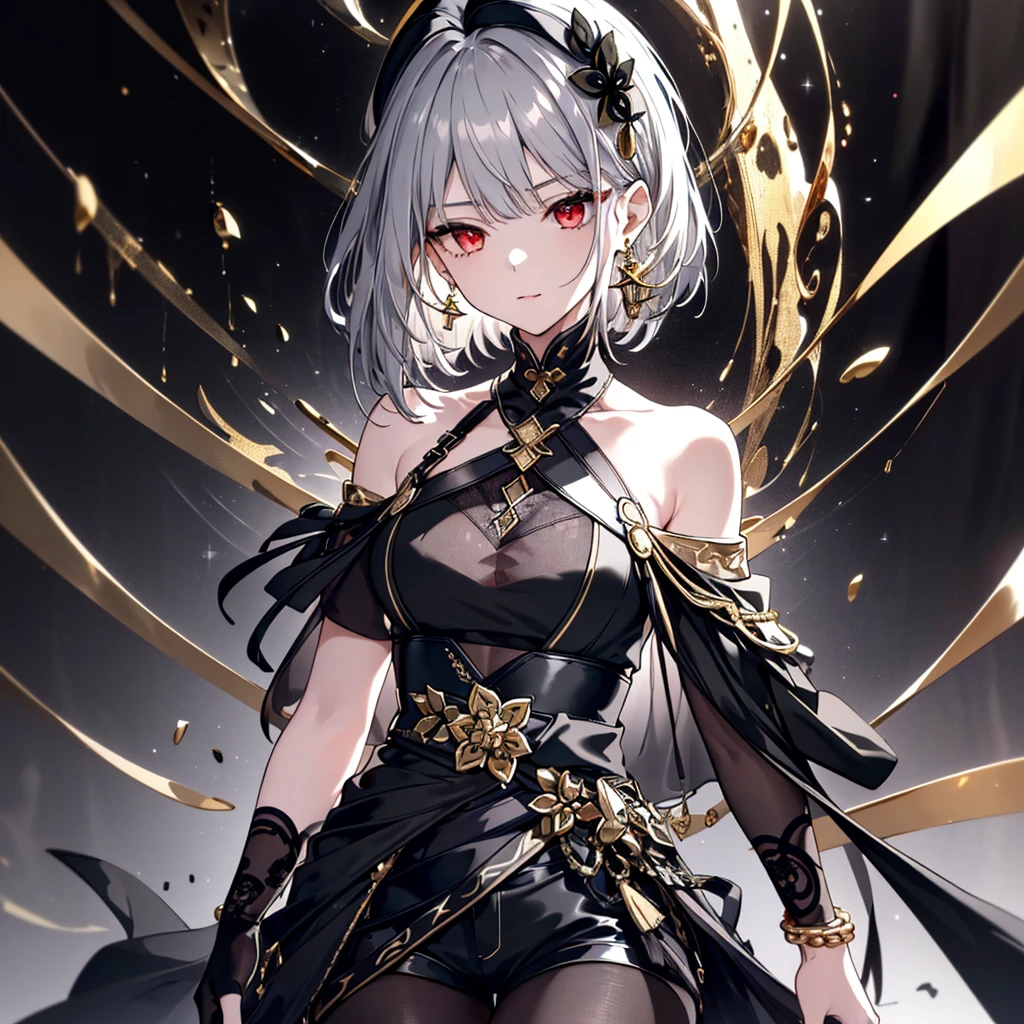 8k,High resolution RAW color art,Anime Art,Silver Marble Skin, (((Very detailed and cool))), Detailed skin, Blur、texture,(Exquisitely crafted, The finer details, Ultra-detailed art), (((1 girl))), Depth of written boundary, Silky Touch, Hyper Detail, (((Cool face))), eye shadow、Armed women, Beautiful detailed red eyes, Beautiful lip detail, Highly detailed face, Delicate depiction of hair and eyes, Detailed Fashion, Golden earrings,Full body depiction, Black half top、(((Shoulder Bare)))、Black shorts、Waist Cloak、black tights、Golden decoration, Shiny grey hair, Golden bracelet, Straight Hair、Short Hair、(((Hair)))、Simple Background、(((Black theme)))、snow、look down、cloth、Clear face、Diagonal orientation
