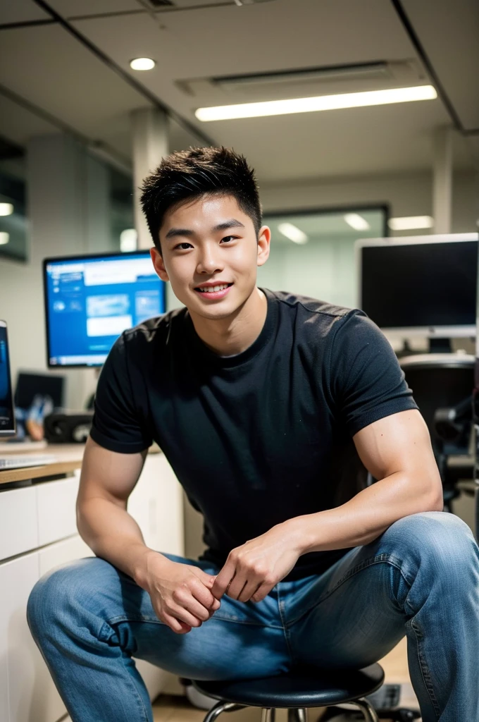 ((realistic daylight)) , Young Korean man in only a black sports shirt, no stripes, and jeans., A handsome, muscular young Asian man looks at the camera.  , In a computer shop ,turn sideways, smile