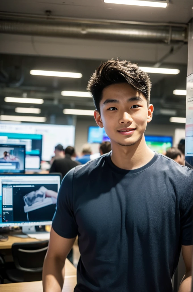 ((realistic daylight)) , Young Korean man in only a black sports shirt, no stripes, and jeans., A handsome, muscular young Asian man looks at the camera.  , In a computer shop ,turn sideways, smile