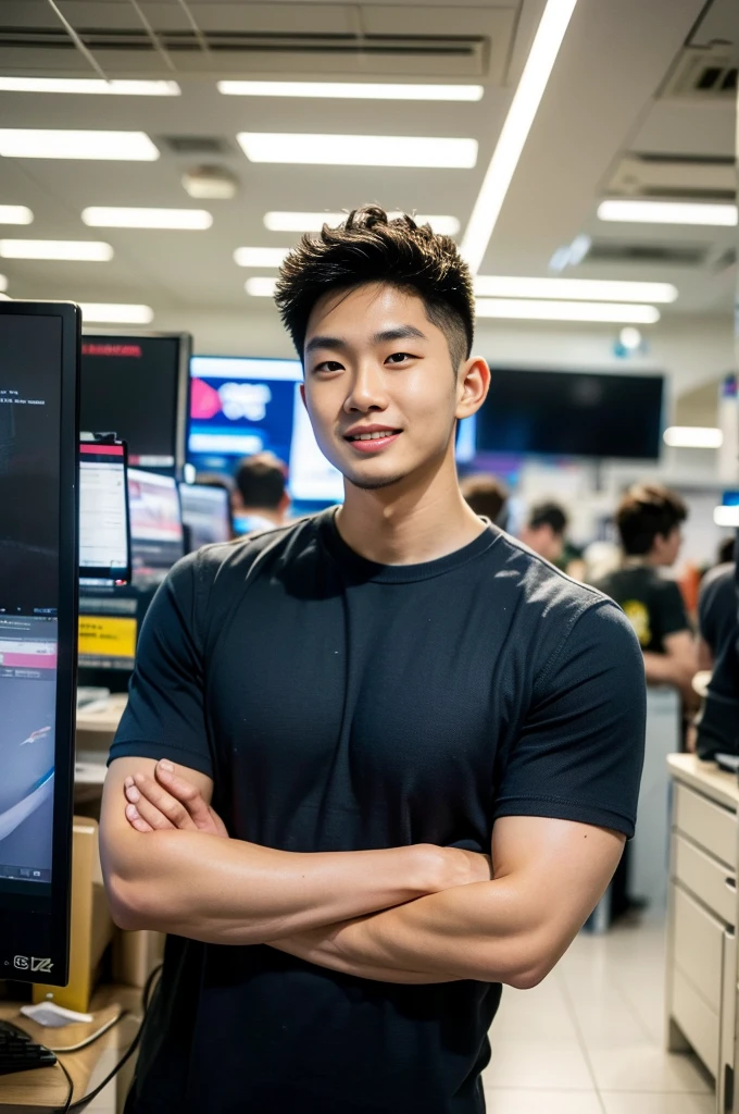 A young Asian man stands, handsome, muscular, looking at the camera. In a simple navy blue T-shirt., In the computer room