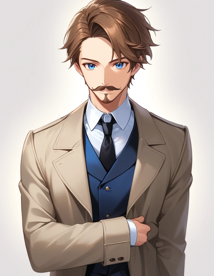 1man, mature male, parted bangs, medium-short hair, brown hair, muscular male celeb, short goatee, short mustache, indigo eyes, gentleman, elegant netori male, BREAK solo, white collared shirt, gray trench coat, black neck ribbon, in gentle sasaki style, visual novel, 2010s, extreme all detailed, masterpiece, best quality