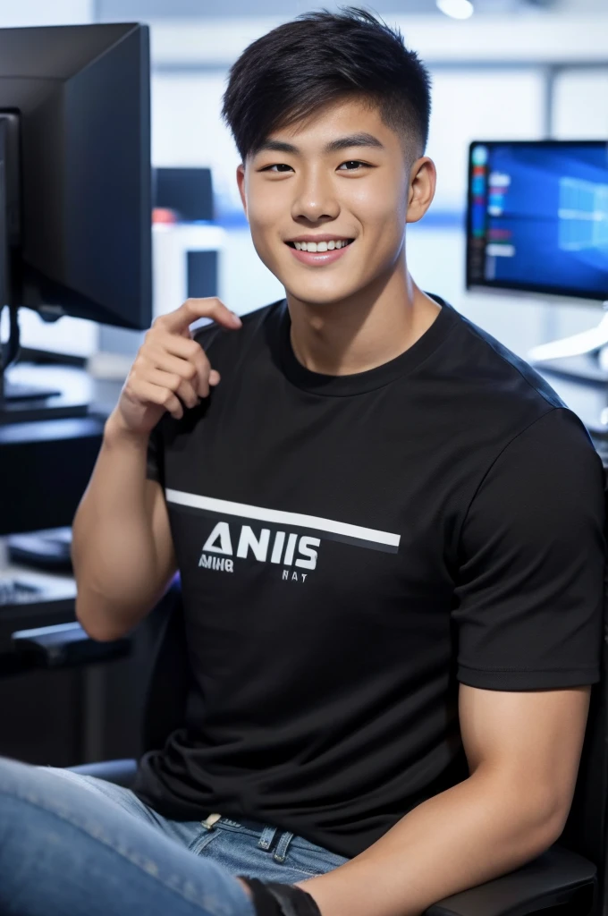 ((realistic daylight)) , Young Korean man in only a black sports shirt, no stripes, and jeans., A handsome, muscular young Asian man looks at the camera. , In a computer shop ,turn sideways, smile