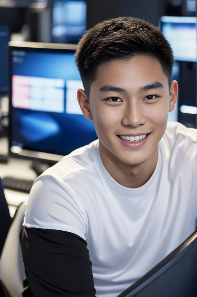 ((realistic daylight)) , Young Korean man in only a black sports shirt, no stripes, and jeans., A handsome, muscular young Asian man looks at the camera.  , In a computer shop ,turn sideways, smile