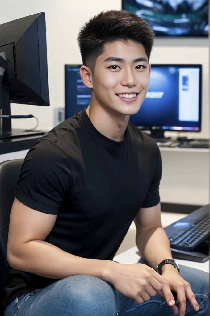 ((realistic daylight)) , Young Korean man in only a black sports shirt, no stripes, and jeans., A handsome, muscular young Asian man looks at the camera. , In a computer shop ,turn sideways, smile