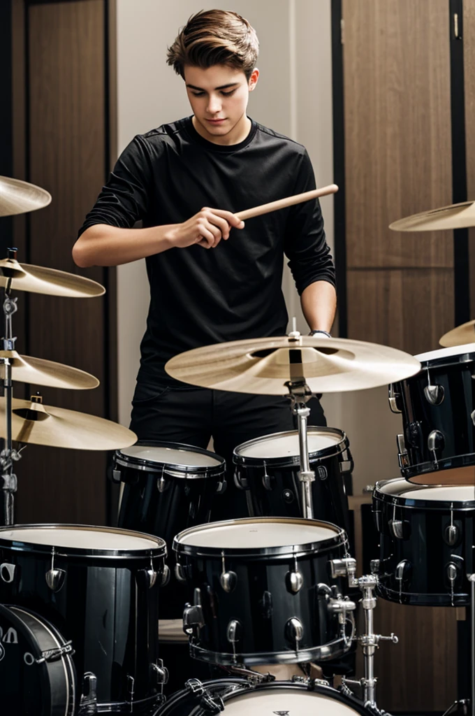 Young man playing drums dressed in black