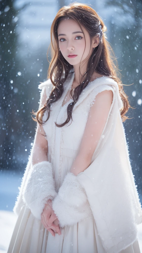 (highest quality, 8k, 32K,details are very clear),Realistic, High resolution, 1 Japanese Women, alone, (ta Costume),Gorgeous costumes,Facing the audience,(Upper Body,Upper limbs), Beautiful Eyes, brown hair, Ring-shaped eyes, (outside,Heavy snowfall,thick fur cape,Cover with snow),Snowfield,blue eyes,highest qualityのイラスト,Detailed facial features
