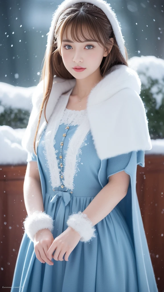 (highest quality, 8k, 32K，details are very clear),Realistic, High resolution, 1 Japanese Women, alone, (Lolita Costume)，Gorgeous costumes，Facing the audience，(Upper Body，Upper limbs)， Beautiful Eyes, brown hair, Ring-shaped eyes, (outside，Heavy snowfall，thick fur cape，Cover with snow)，Snowfield，blue eyes，highest qualityのイラスト，Detailed facial features