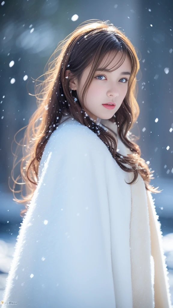 (highest quality, 8k, 32K，details are very clear),Realistic, High resolution, 1 Japanese Women, alone, (Lolita Costume)，Gorgeous costumes，Facing the audience，(Upper Body，Upper limbs)， Beautiful Eyes, brown hair, Ring-shaped eyes, (outside，Heavy snowfall，thick fur cape，Cover with snow)，Snowfield，blue eyes，highest qualityのイラスト，Detailed facial features