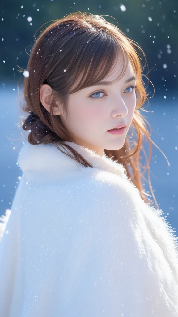 (highest quality, 8k, 32K，details are very clear),Realistic, High resolution, 1 Japanese Women, alone, (Lolita Costume)，Gorgeous costumes，Facing the audience，(Upper Body，Upper limbs)， Beautiful Eyes, brown hair, Ring-shaped eyes, (outside，Heavy snowfall，thick fur cape，Cover with snow)，Snowfield，blue eyes，highest qualityのイラスト，Detailed facial features