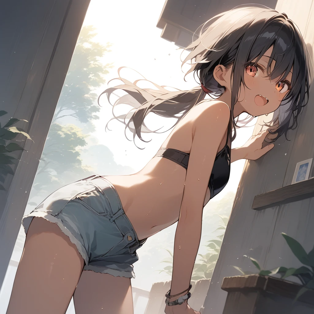 score_9, score_8_up, score_7_up, source_anime, best quality, masterpiece, official art, absurdres, highres, ultra-detailed,waifu2x,Collection: Slice of Life,break,1girl, tomboy, dark-skinned female, short hair, low ponytail, flat chest, beautiful detailed eyes, short shorts, sweat, open mouth, (yawn:0.3), sleepily, outdoors, wind,break,(clear line illustration:1.2), super detailed skin,very high resolution, very aesthetic, Best sexual lighting powered by famous artist, 8k,cute picture,beauty illustration,photoshop_(medium),,(Detailed Lighting),best anime 8k konachan wallpaper, pixiv contest winner, 
