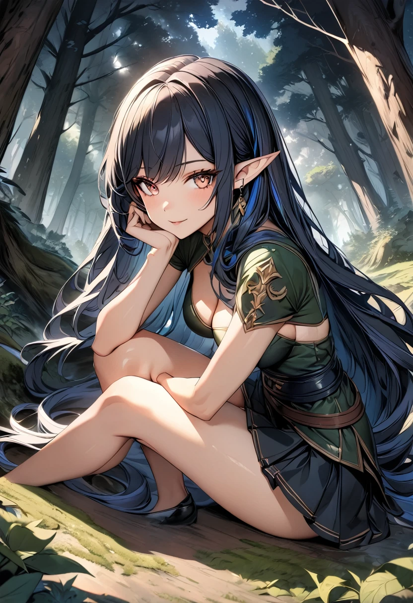 high quality, 4k, 8k, highres, HDR, UHD, masterpiece, ultra-detailed, a beautiful elf woman in a dark fantasy forest, sitting pose, creative angle, mature woman. short skirt, natural clothing, extremely detailed face, long flowing hair, dark blue hair, curious expression, sitting under a large tree, anime style, highly detailed, 8k, fantasy art, magical atmosphere, mossy ground, dark setting, demonic forest, glowing eyes, pointed ears, detailed dress, intricate details, fantasy landscape
