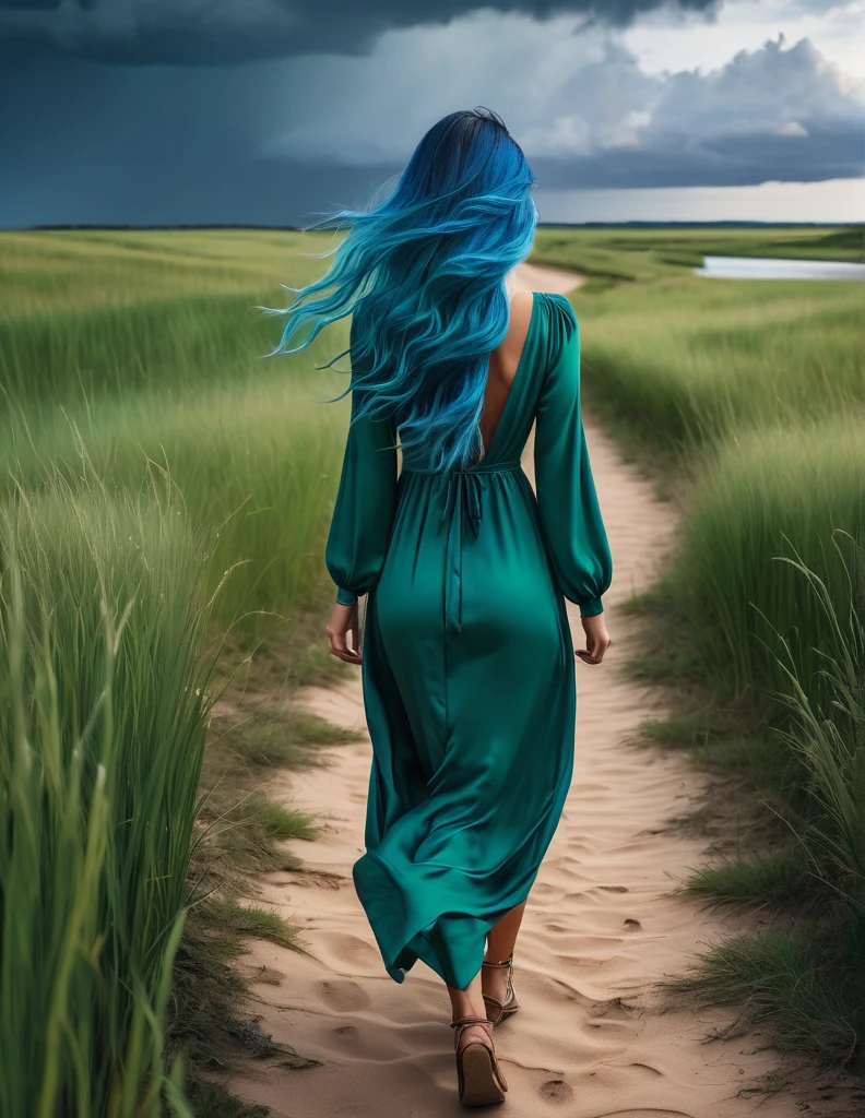 quality(8k wallpaper of extremely detailed CG unit, masterpiece, hight resolution, top-quality, top-quality real texture skin,hyper realisitic, digitial painting,increase the resolution,RAW photos,best qualtiy,highly detailed,the wallpaper),BREAK,8K, she walking away, shot from back, long messy blue hair, long_sleeves, long blue dress, sand road, storm, green grass, green landscape, lake in distance,