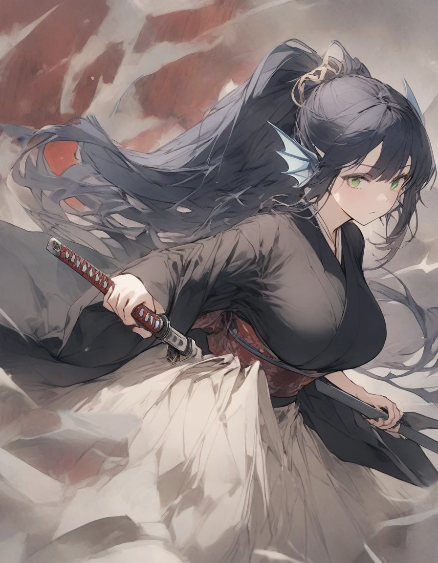 ,(black and white manga style:1.1),snap shot,red katana,fighting stance,(holding huge katana:1.3),,no pattern kimono,(black kimono:1.5),samurai,,,{{{Huge breasts}}},,,,,,long skirt, brooches,Blue brooch,,(dark Blue hair:1.25),gradient_hair,( Green eyes:1.25),hair_ornament detached ,,Very Long Ponytail, poneyTail,, (head fins:1.25),、stormy、lightning bolt,iaidow,weapon, katana, holding sword, ready to draw, sheathed, unsheathing, scabbard,