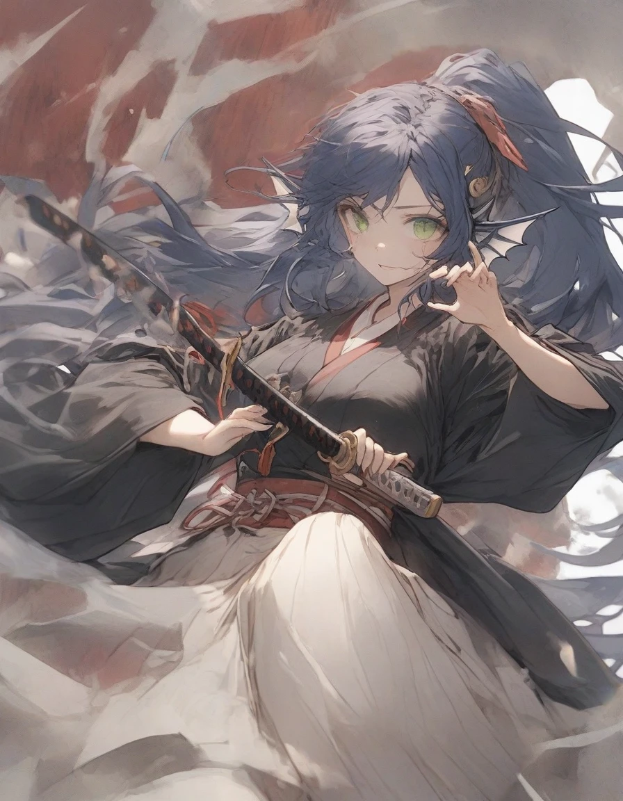 ,(black and white manga style:1.1),snap shot,red katana,fighting stance,(holding huge katana:1.3),,no pattern kimono,(black kimono:1.5),samurai,,,{{{Huge breasts}}},,,,,,long skirt, brooches,Blue brooch,,(dark Blue hair:1.25),gradient_hair,( Green eyes:1.25),hair_ornament detached ,,Very Long Ponytail, poneyTail,, (head fins:1.25),、stormy、lightning bolt,iaidow,weapon, katana, holding sword, ready to draw, sheathed, unsheathing, scabbard,