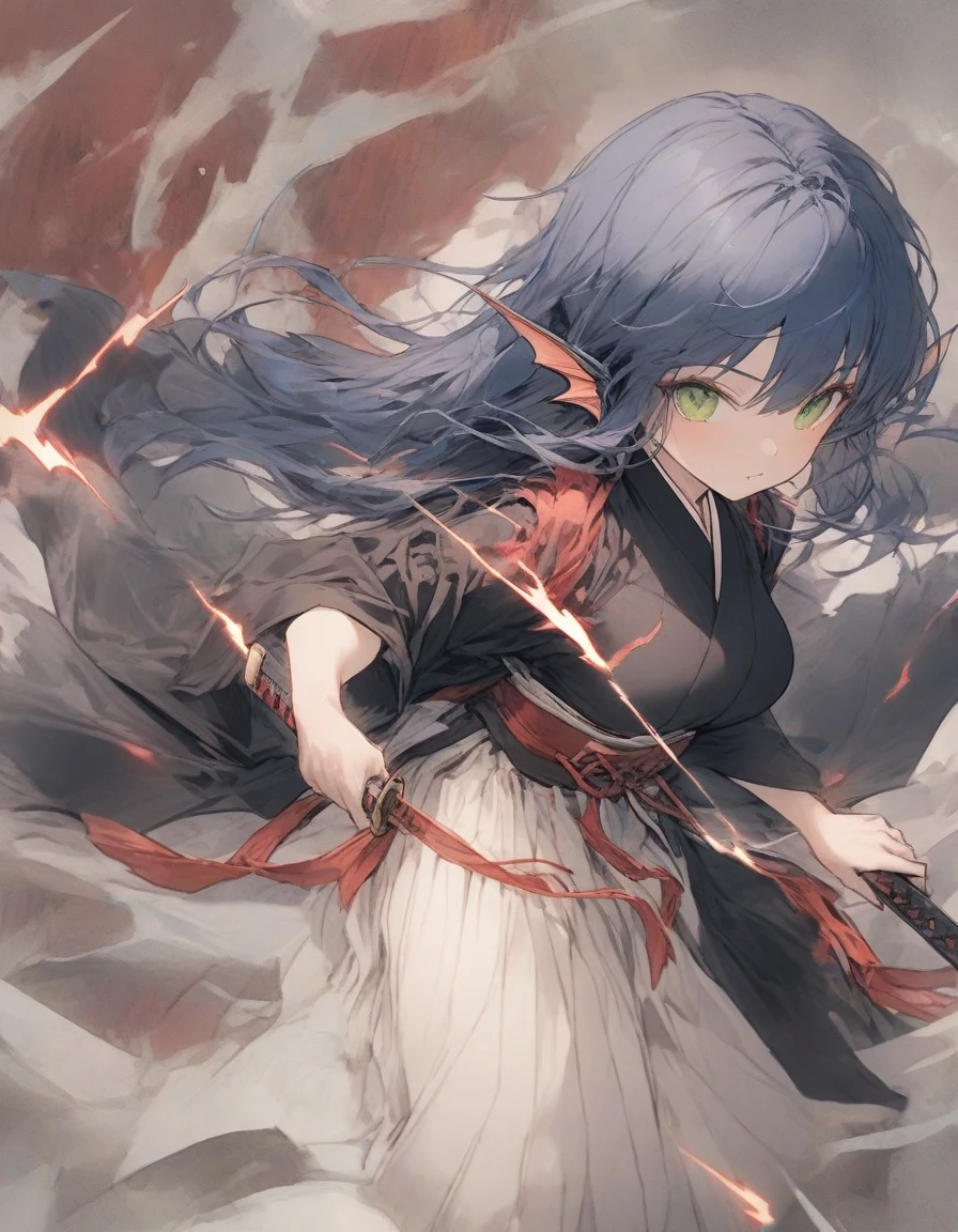 ,(black and white manga style:1.1),snap shot,red katana,fighting stance,(holding huge katana:1.3),,no pattern kimono,(black kimono:1.5),samurai,,,{{{Huge breasts}}},,,,,,long skirt, brooches,Blue brooch,,(dark Blue hair:1.25),gradient_hair,( Green eyes:1.25),hair_ornament detached ,,Very Long Ponytail, poneyTail,, (head fins:1.25),、stormy、lightning bolt,iaidow,weapon, katana, holding sword, ready to draw, sheathed, unsheathing, scabbard,