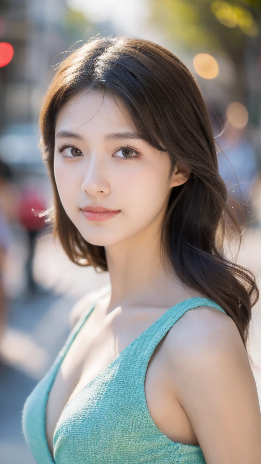 ((Best quality, 8k, masterpiece:1.3)),1girl,18 years old,Asian,Real texture:1.3,(Background blur:1.1),Dress Up,Tall and slender figure:1.2,(Hot summer weather),(street:1.3),Highly detailed face and skin textures,Exquisite eyes,Long eyelashes,Double eyelids,Skin Whitening,happy,Various postures,Beautiful breasts