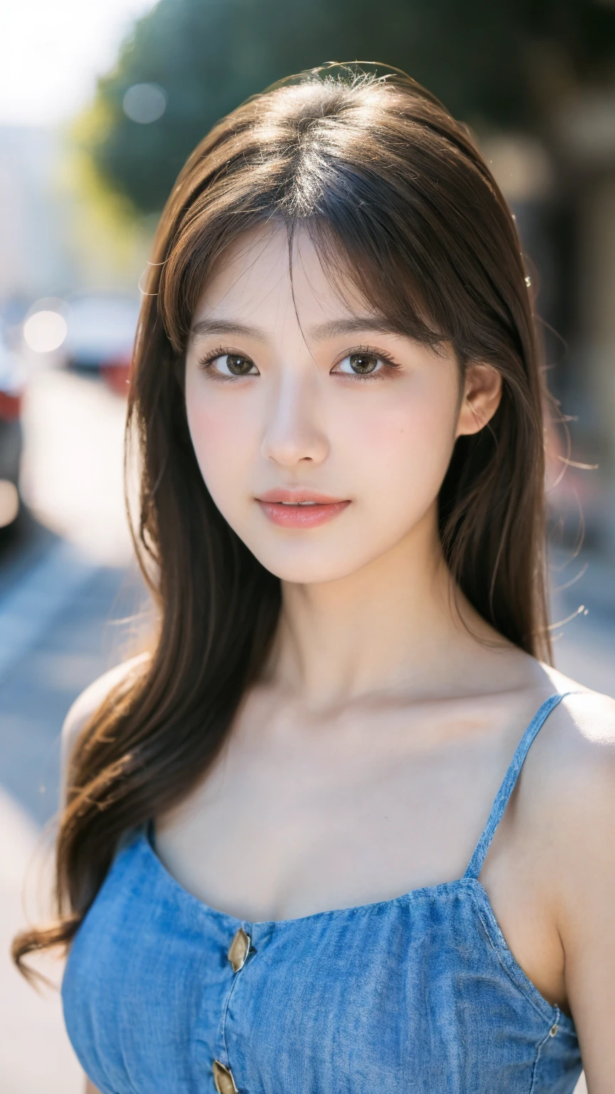 ((Best quality, 8k, masterpiece:1.3)),1girl,18 years old,Asian,Real texture:1.3,(Background blur:1.1),Dress Up,Tall and slender figure:1.2,(Hot summer weather),(street:1.3),Highly detailed face and skin textures,Exquisite eyes,Long eyelashes,Double eyelids,Skin Whitening,happy,Various postures,Beautiful breasts