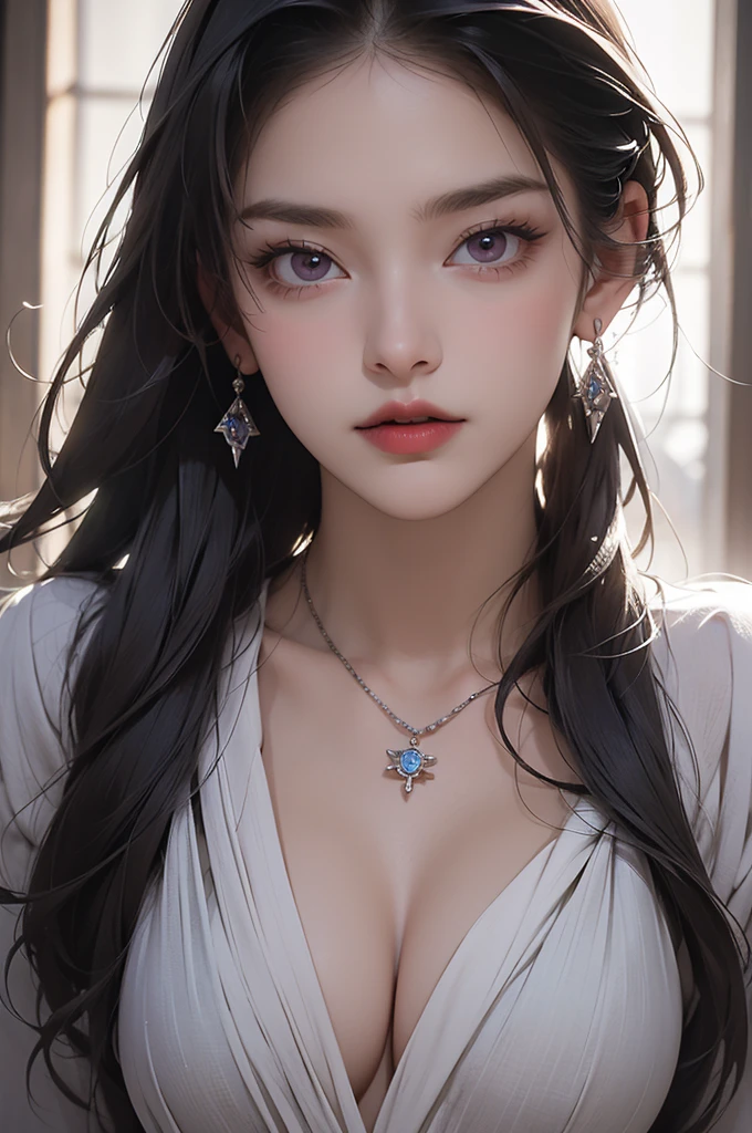 picture, ProFessional Full body, (detailed Face and eye:1.4), Purple eyes,Deep rifts, colorFul, color photography oF woman, (dark makeup), necklace, Earrings, (Dark lipstick), Split lips, sharp Focus, Focus on Face, Insanely sharp details, Very detailed, gigantic breasts in Frame, 4K HQ, 8k, depth oF Field, F/1.2, Leica, 8k HDR, High contrast, Highly retouched, Shadows, sad, Award-winning photography, The best photographers.