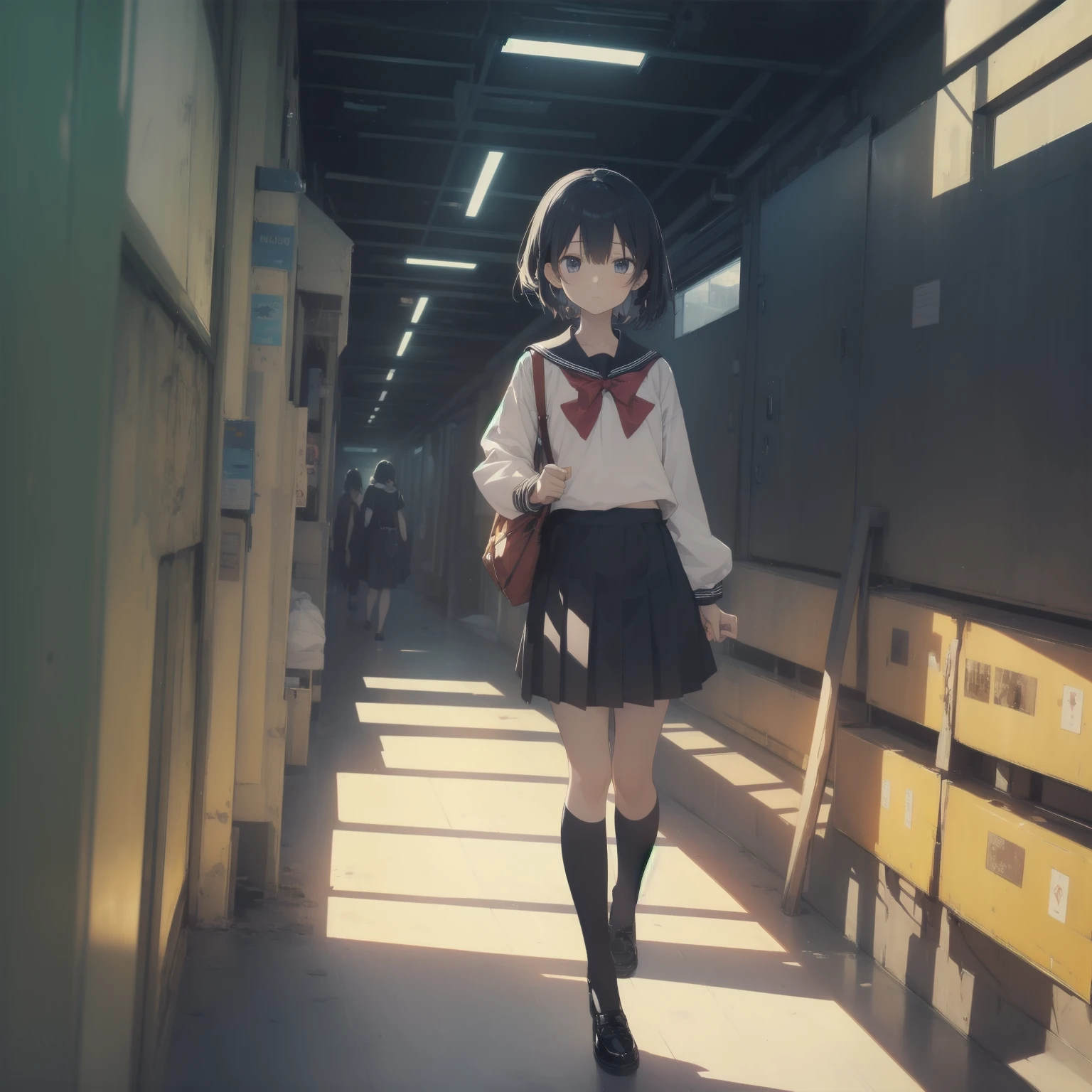 ultra-absurdres-Top quality by artist God, ultra-detailed, high resolution, anime moe artstyle, best anime 8k konachan wallpaper, pixiv contest winner, pool:2810, perfect anatomy,break, 1girl, (Please draw a girl walking sleepily to school alone. )break,(Solo,little female, 13-year-old:1.3),Full limbs, complete fingers,a junior high school student, (very short hair), short cut, flat chest, , small butt, small black eyes, beautiful detailed eyes, well-proportioned iris and pupils, expressive eyes, highres detailed hair, soft expression, salor school_uniform, sailor collar, serahuku, bow, pleated skirt,(Detailed Lighting), (Detailed background), in the School commute route. break,super detailed skin, Best cinematic lighting powered by famous artist, 8k,beauty illustration,photoshop_(medium),very aesthetic,break,((artist:yuuhagi_(amaretto-no-natsu) )), artist:clamp ,artist:carnelian ,artist:kantoku ,