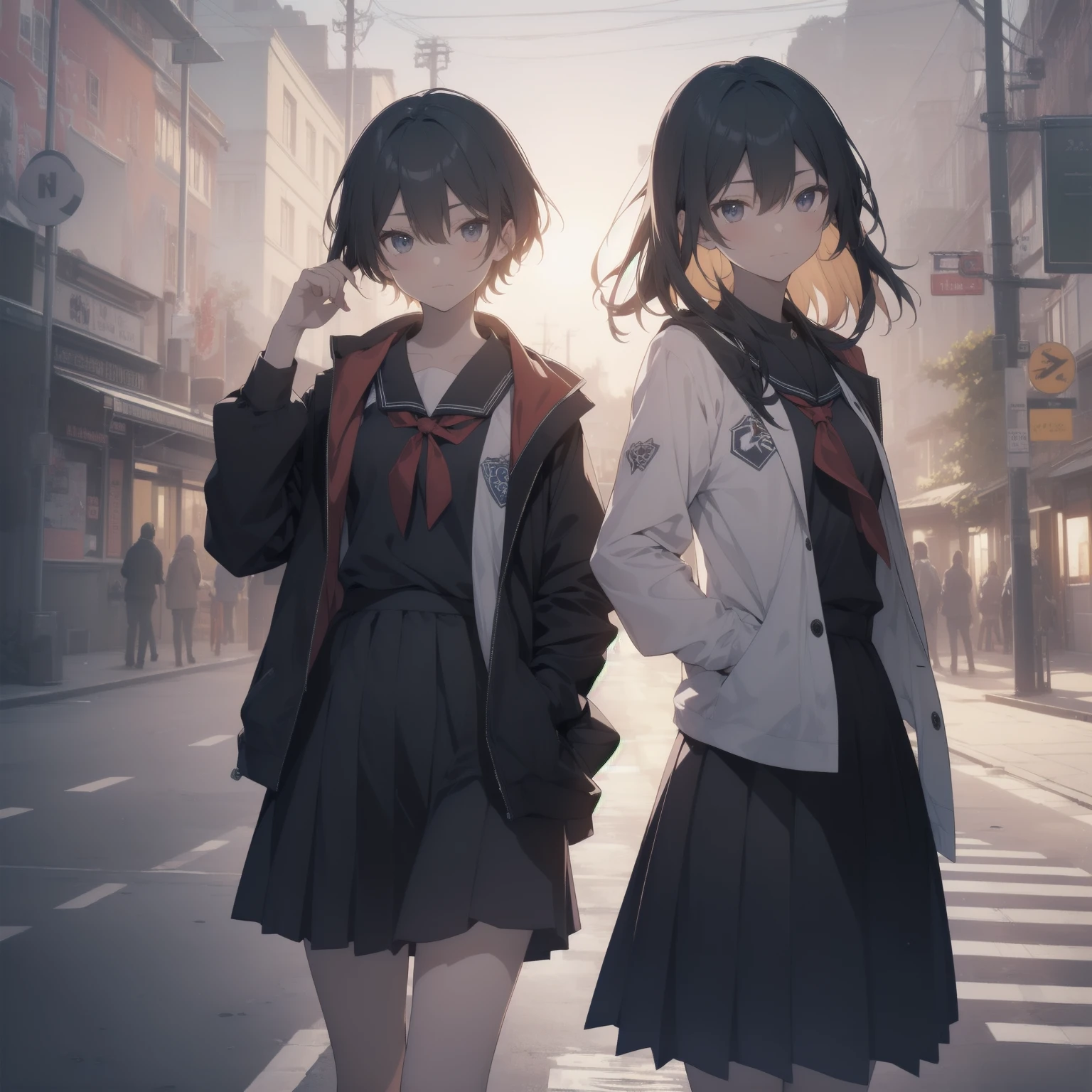 ultra-absurdres-Top quality by artist God, ultra-detailed, high resolution, anime moe artstyle, best anime 8k konachan wallpaper, pixiv contest winner, pool:2810, perfect anatomy,break, 1girl, (Please draw a girl walking sleepily to school alone. )break,(Solo,little female, 13-year-old:1.3),Full limbs, complete fingers,a junior high school student, (very short hair), short cut, flat chest, , small butt, small black eyes, beautiful detailed eyes, well-proportioned iris and pupils, expressive eyes, highres detailed hair, soft expression, salor school_uniform, sailor collar, serahuku, bow, pleated skirt,(Detailed Lighting), (Detailed background), in the School commute route. break,super detailed skin, Best cinematic lighting powered by famous artist, 8k,beauty illustration,photoshop_(medium),very aesthetic,break,((artist:yuuhagi_(amaretto-no-natsu) )), artist:clamp ,artist:carnelian ,artist:kantoku ,