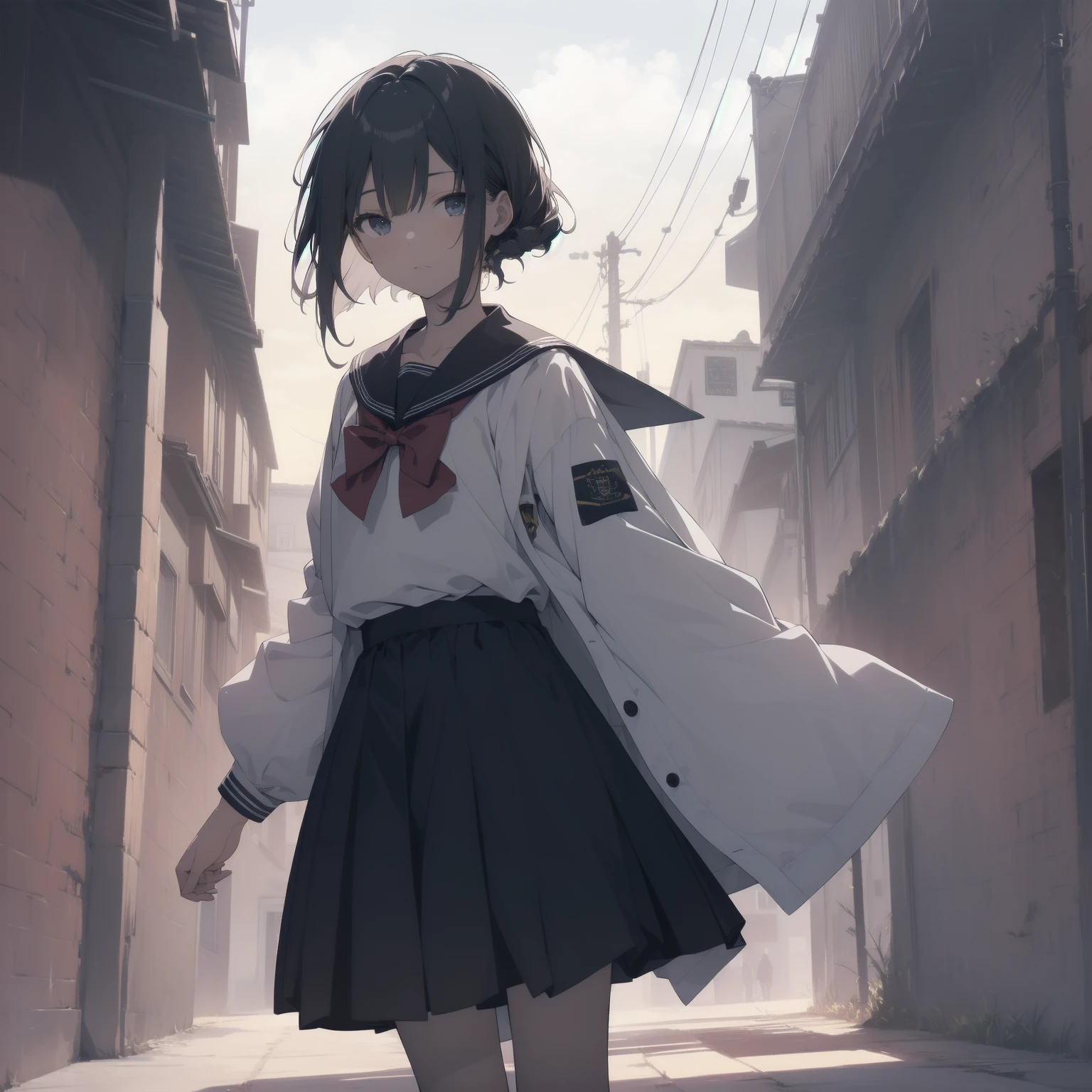 ultra-absurdres-Top quality by artist God, ultra-detailed, high resolution, anime moe artstyle, best anime 8k konachan wallpaper, pixiv contest winner, pool:2810, perfect anatomy,break, 1girl, (Please draw a girl walking sleepily to school alone. )break,(Solo,little female, 13-year-old:1.3),Full limbs, complete fingers,a junior high school student, (very short hair), short cut, flat chest, , small butt, small black eyes, beautiful detailed eyes, well-proportioned iris and pupils, expressive eyes, highres detailed hair, soft expression, salor school_uniform, sailor collar, serahuku, bow, pleated skirt,(Detailed Lighting), (Detailed background), in the School commute route. break,super detailed skin, Best cinematic lighting powered by famous artist, 8k,beauty illustration,photoshop_(medium),very aesthetic,break,((artist:yuuhagi_(amaretto-no-natsu) )), artist:clamp ,artist:carnelian ,artist:kantoku ,