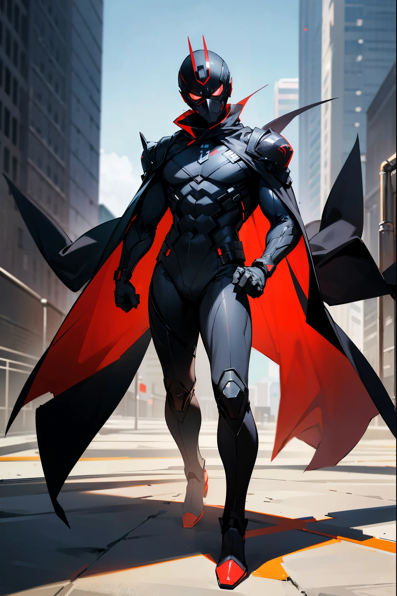 1male, black and red super suit, black mask, super mask, city background, detailed background, detailed face, standing, walking on path, hands to side