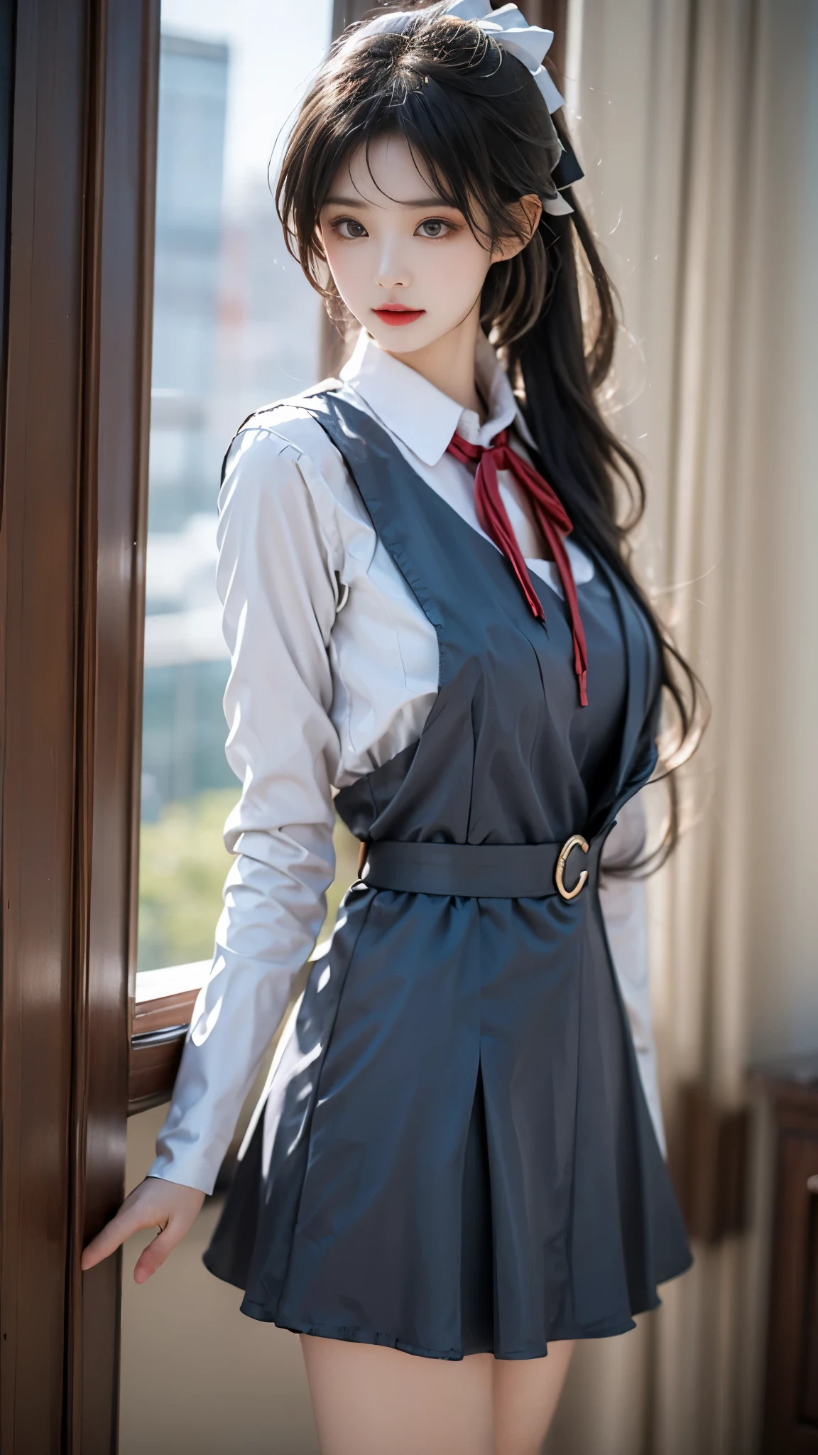 1girl, 独奏,hazuki ren,cosplay,
black hair,long hair,high ponytail, white hair bow, blunt bangs,
yuigaoka ,, blue jacket, red neck ribbon, black loafers, white socks, long sleeves, white collared shirt, grey dress, open jacket, pinafore dress, ((knee shot)), ((Shoot at random angles)), ((Visible cleavage)), ((E-cup)), ((I-type Valley)), ((Warm colors)), Long-range shooting, A beautiful woman，Elegant posture，Standing，Slender figure。Her legs are slender and straight，Cross placement，Forming a perfect diagonal composition。Head gently sideways，Long blond hair falls naturally，Gently brushing her shoulders。Soft colors，In stark contrast to her fair skin。The edge of the skirt ripples gently，As if swaying in the breeze。Her eyes were gentle，There is a faint smile on the lips。The whole picture looks very harmonious and beautiful