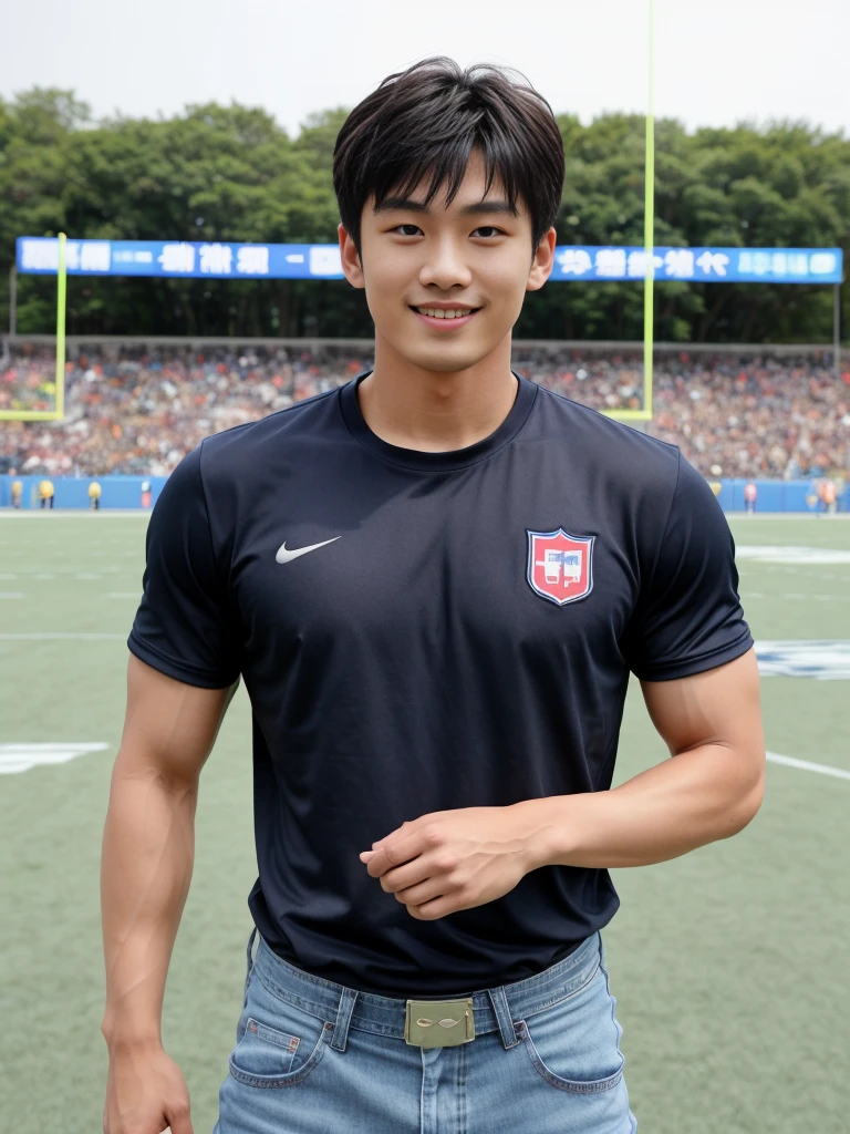独奏: 1.5, (As a matter of fact, Masterpiece, 8k HD, good light quality, sportswear, fit the face, complicated details), A handsome Korean young man with muscular arms. , 20 years old, be happy, smile brightly, detailed face, delicate eyes, look at the sky, Wear a navy tight T-shirt.:1.6 , jeans period, black eyes, Black hair color, ผมsmooth, smooth，Surreal，Superb details，Highest quality，real，Open your mouth to talk. , Close your eyes., (standing in the football field:1.1)