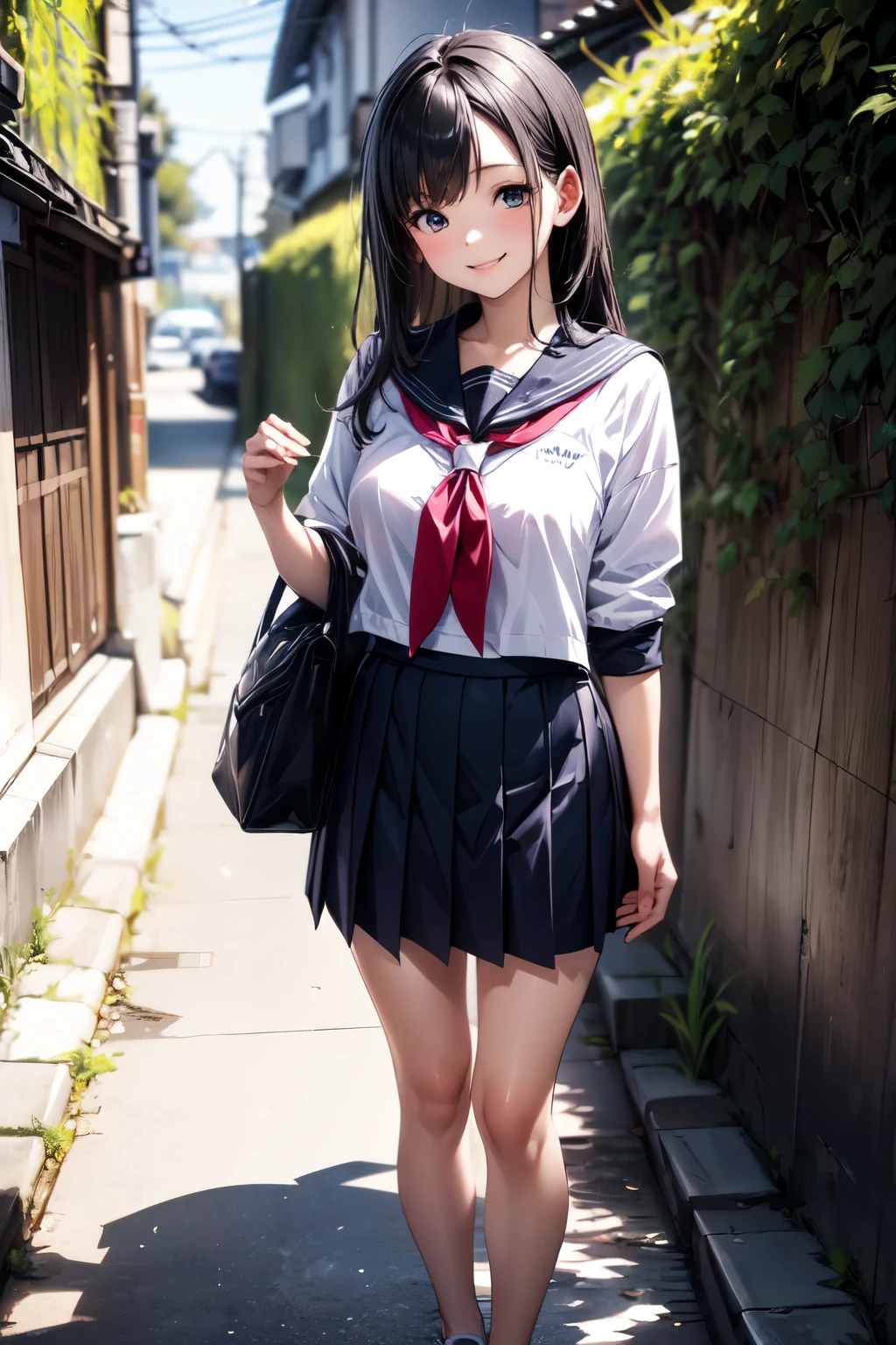 very cute and beautiful girl,(highly detailed beautiful face and eyes),(smile:1.2),looking at viewer,
black hair,serafuku,(pleated navyblue mini skirt),standing,exposing thigh,holding school bag,
narrow alley in tokyo,stone wall in front of modern building,trees,shrubbery,
(best quality,masterpiece),absurdres,highres,ultra-detailed,extremely detailed,32k,8k resolution,
intricate details,cinematic scene,detailed background,solo,dynamic angle,