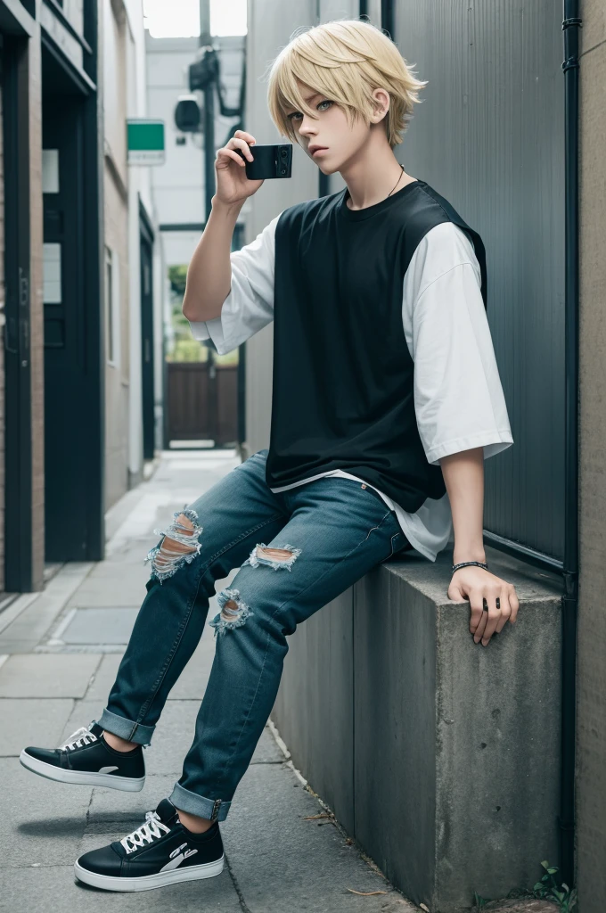 An anime boy, with blonde hair, with phone, black jersey,and dark jeans, and a green shoe 
