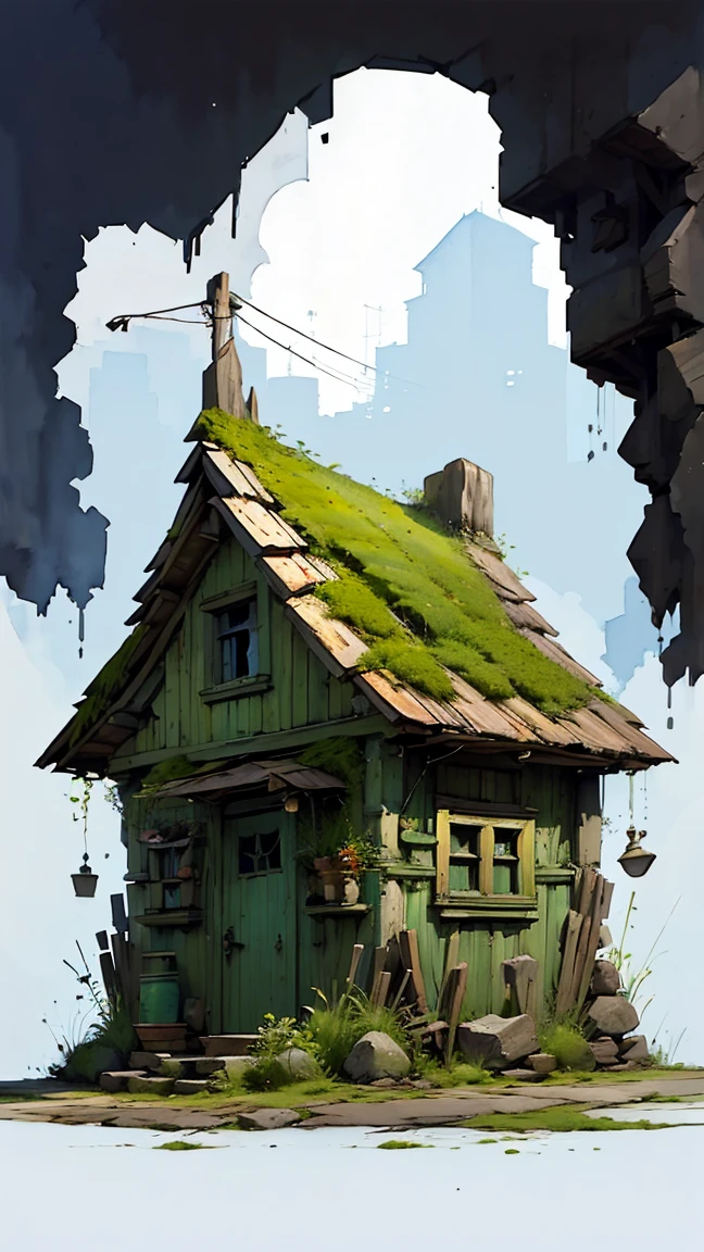 (a small house, unfinished sketch, watercolor on paper, simple background:1.2), detailed architecture, old weathered wood, mossy stones, lush greenery, natural lighting, soft pastel colors, impressionistic, atmospheric, cozy, whimsical