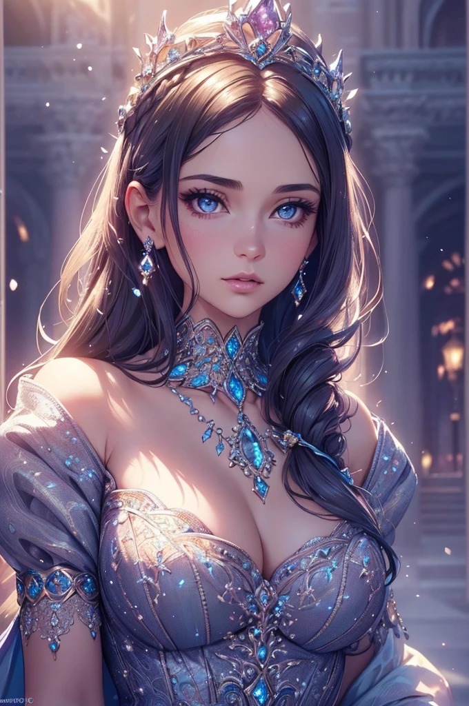 a beautiful princess, 1girl, detailed face, beautiful eyes, long eyelashes, delicate lips, elegant hairstyle, crown, beautiful detailed dress, intricate jewelry, fantasy castle, glowing magical aura, (best quality,4k,8k,highres,masterpiece:1.2),ultra-detailed,(realistic,photorealistic,photo-realistic:1.37),vibrant colors,cinematic lighting,digital art