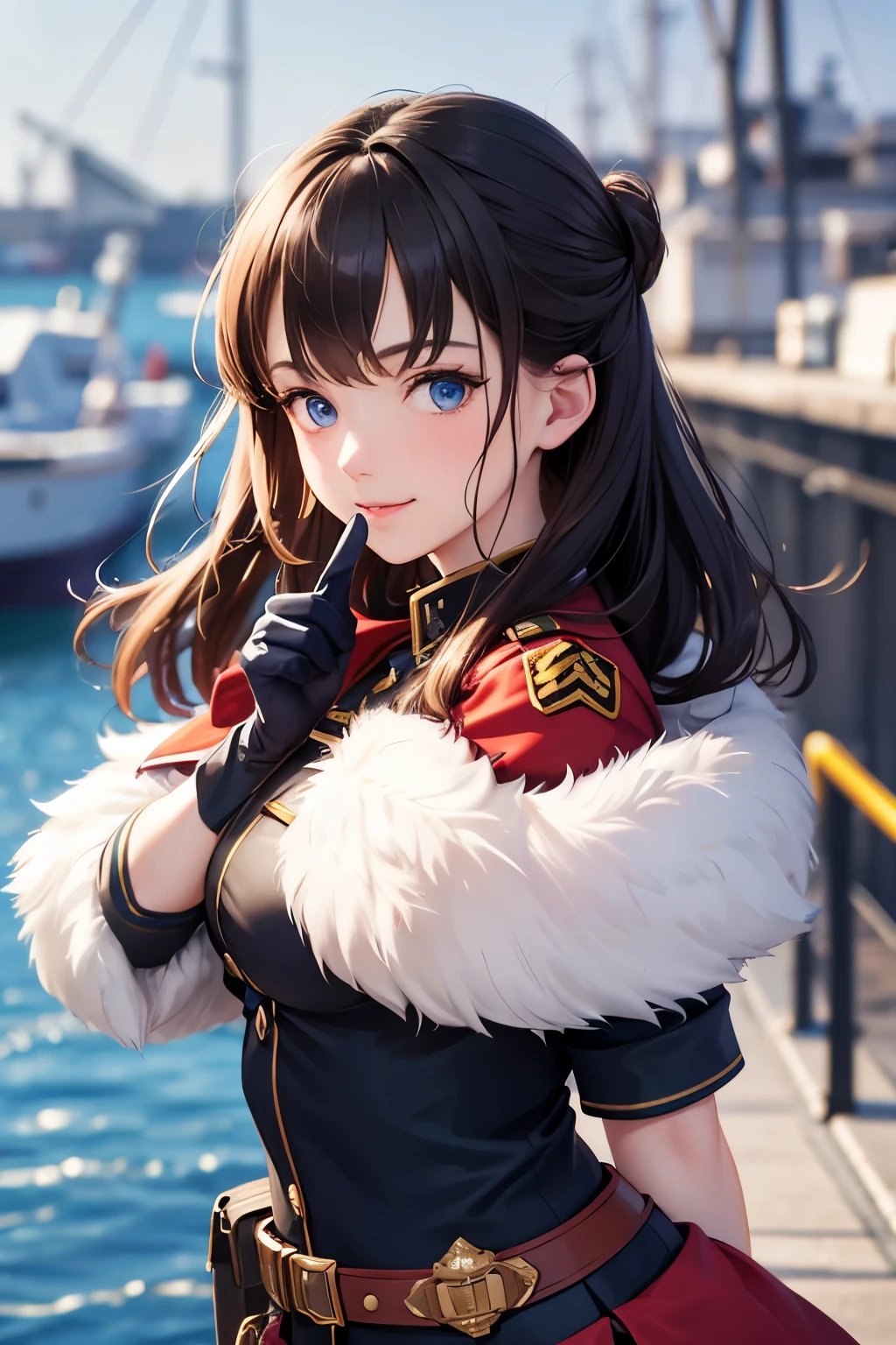 Anime girl in military uniform. Two thumbs up, brown hair and blue eyes, short skirt, dark red cape on shoulders, smiling. In the background is a busy port. Natalia Lack-esque, grown-up.