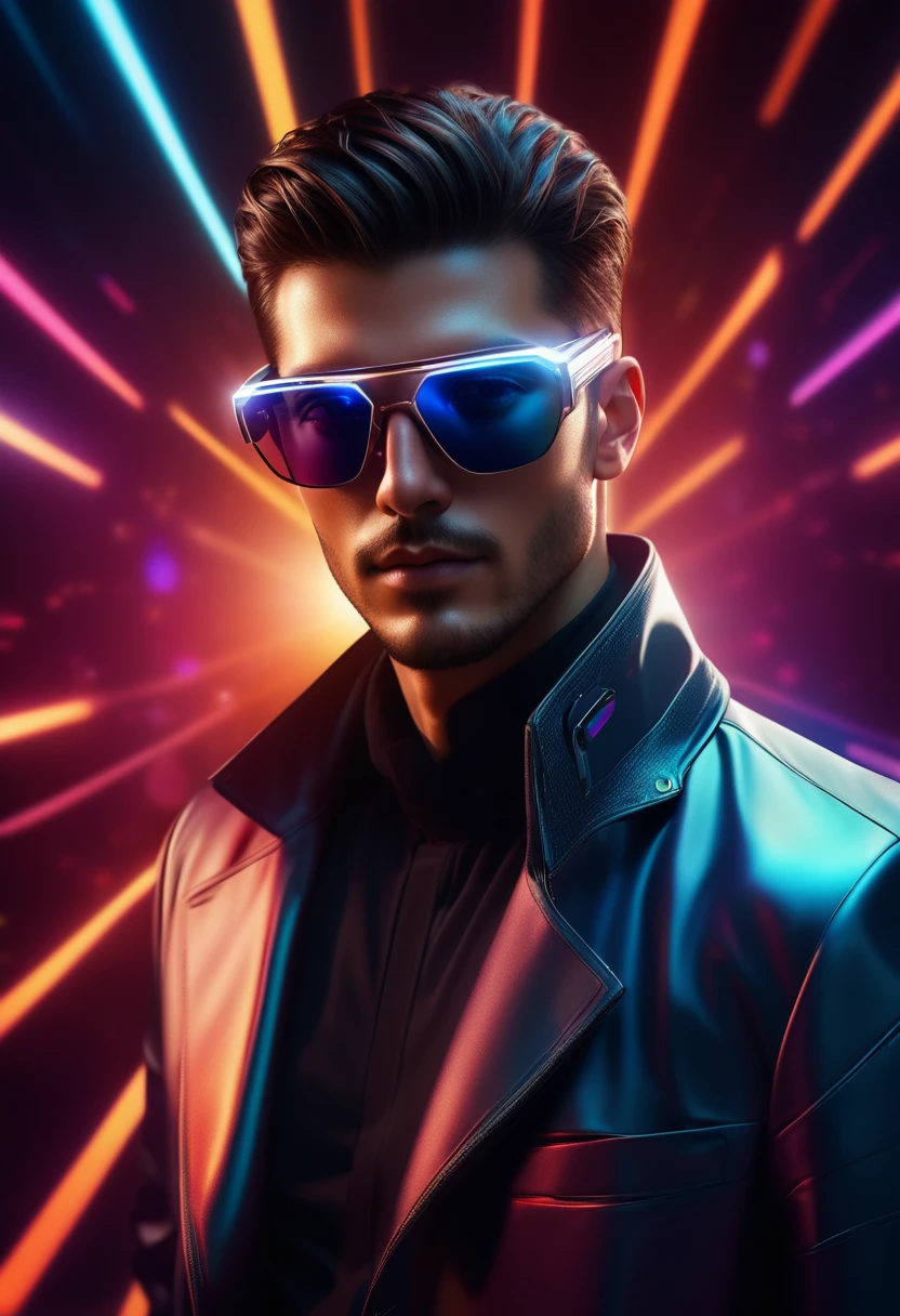a dynamic portrait of a man wearing smart sunglasses, professional pose, futuristic style, abstract background, intricate details, high quality, photorealistic, cinematic lighting, vibrant colors, digital art